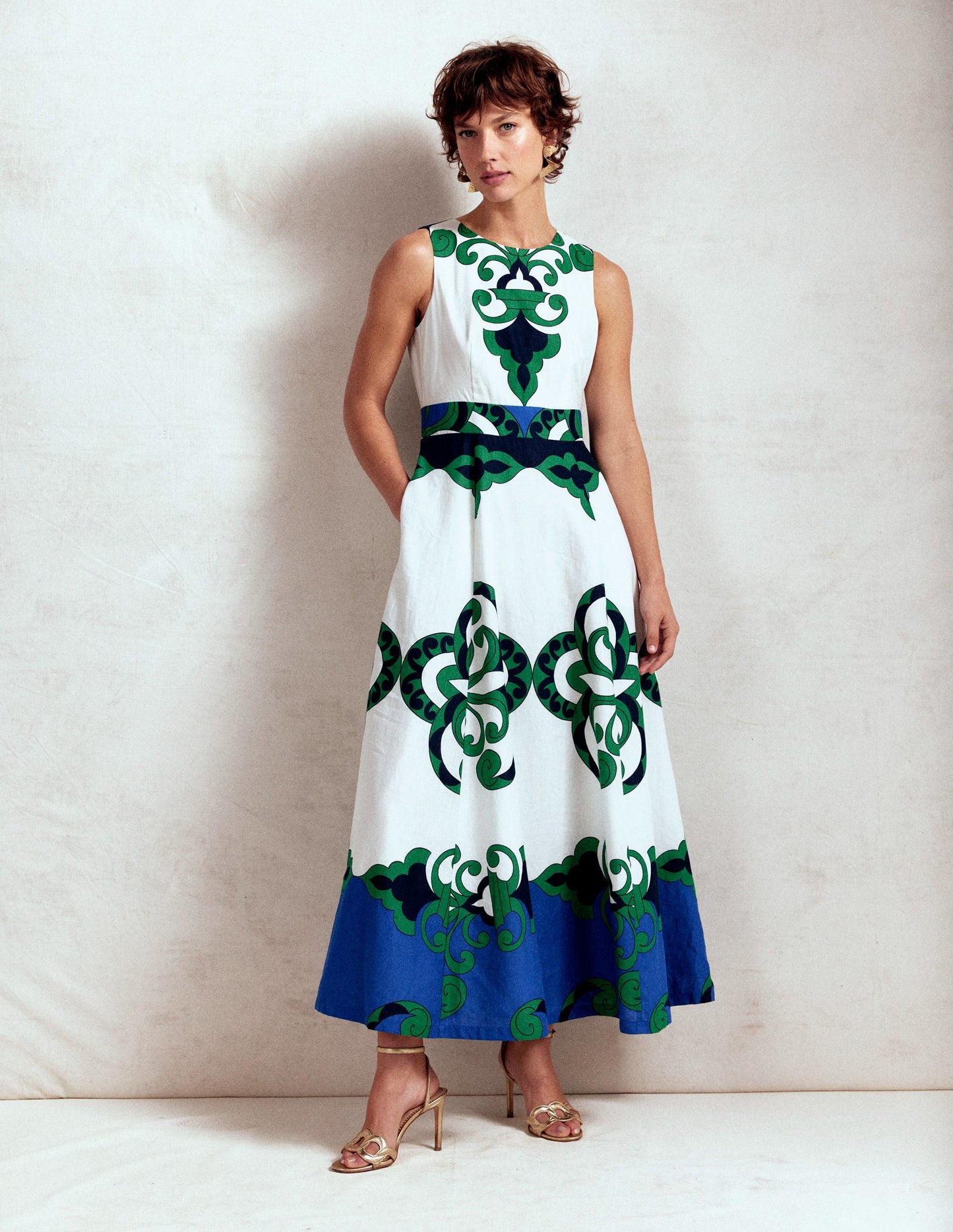 Sleeveless Linen Blend Dress-Ivory, Ornate Reflection