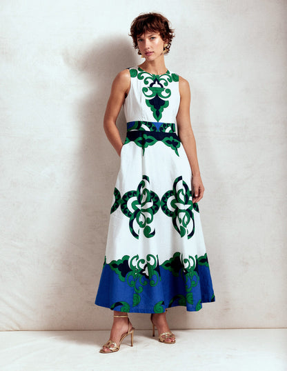 Sleeveless Linen Blend Dress-Ivory, Ornate Reflection-1