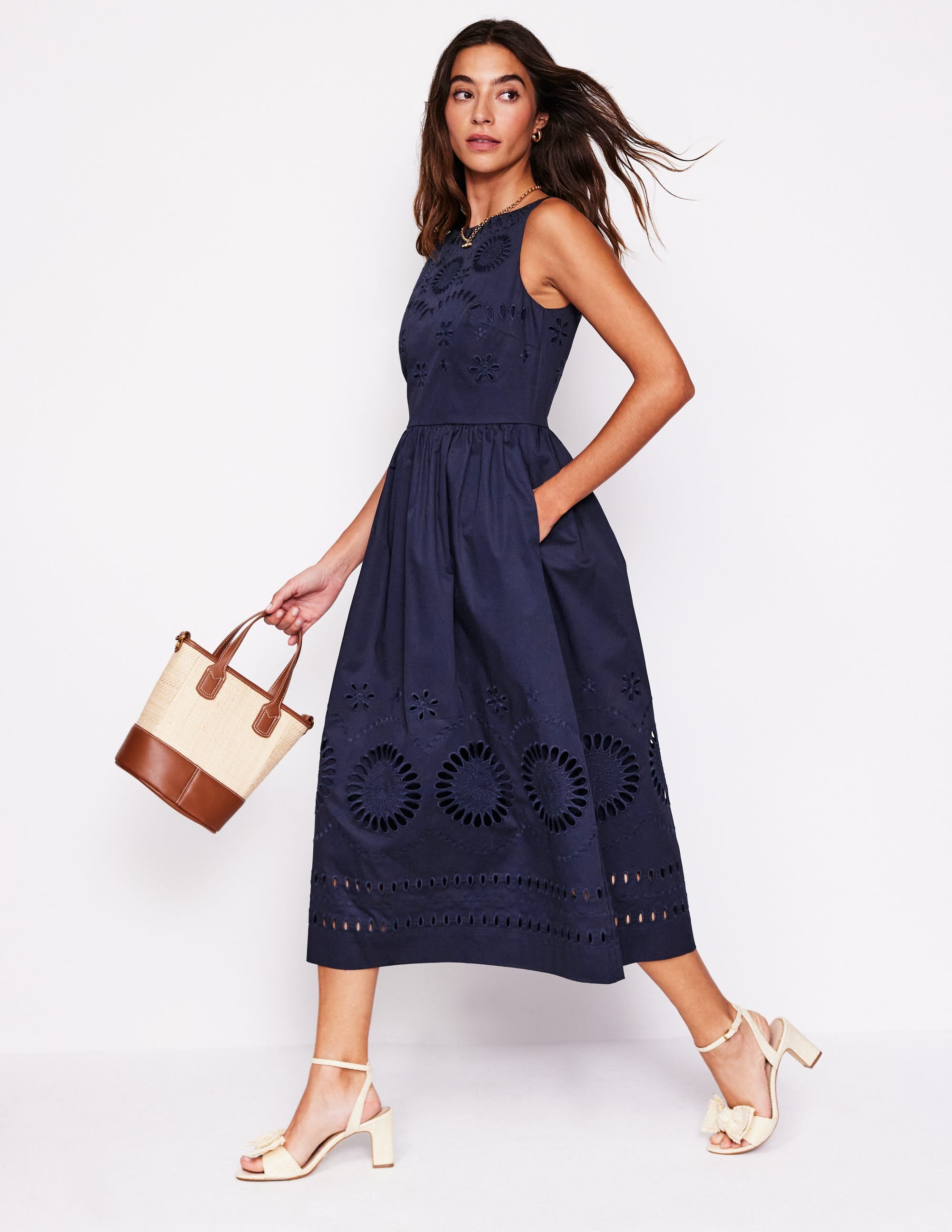 Lauren Broderie Midi Dress-Navy - Image 1