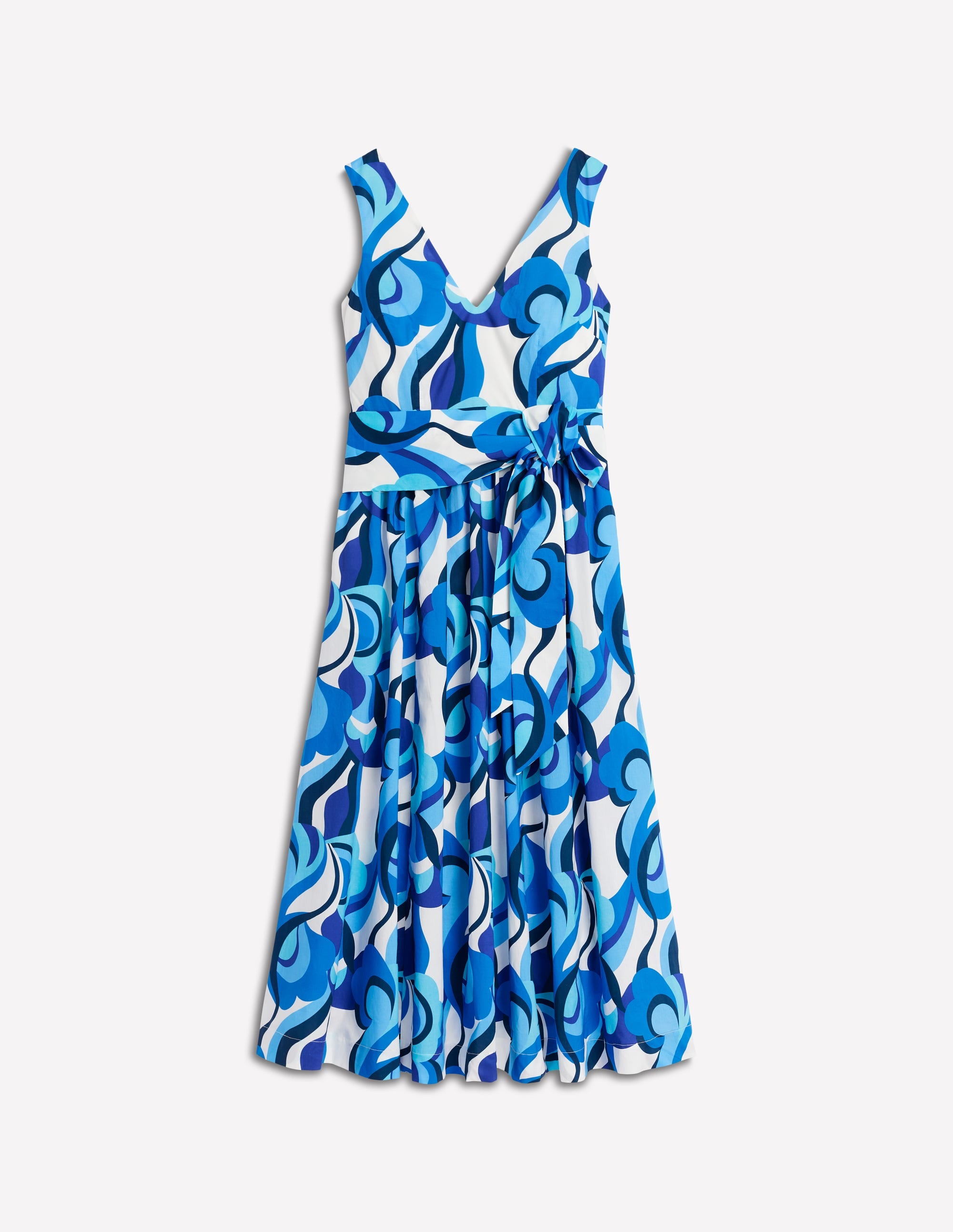 V-Neck Belted Flare Dress-Blue, Abstract Swirl - Image 6