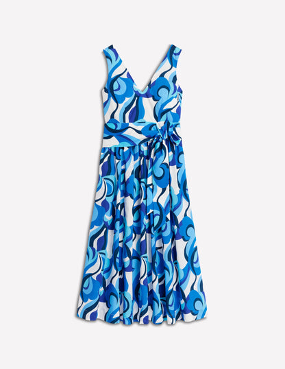 V-Neck Belted Flare Dress-Blue, Abstract Swirl-6