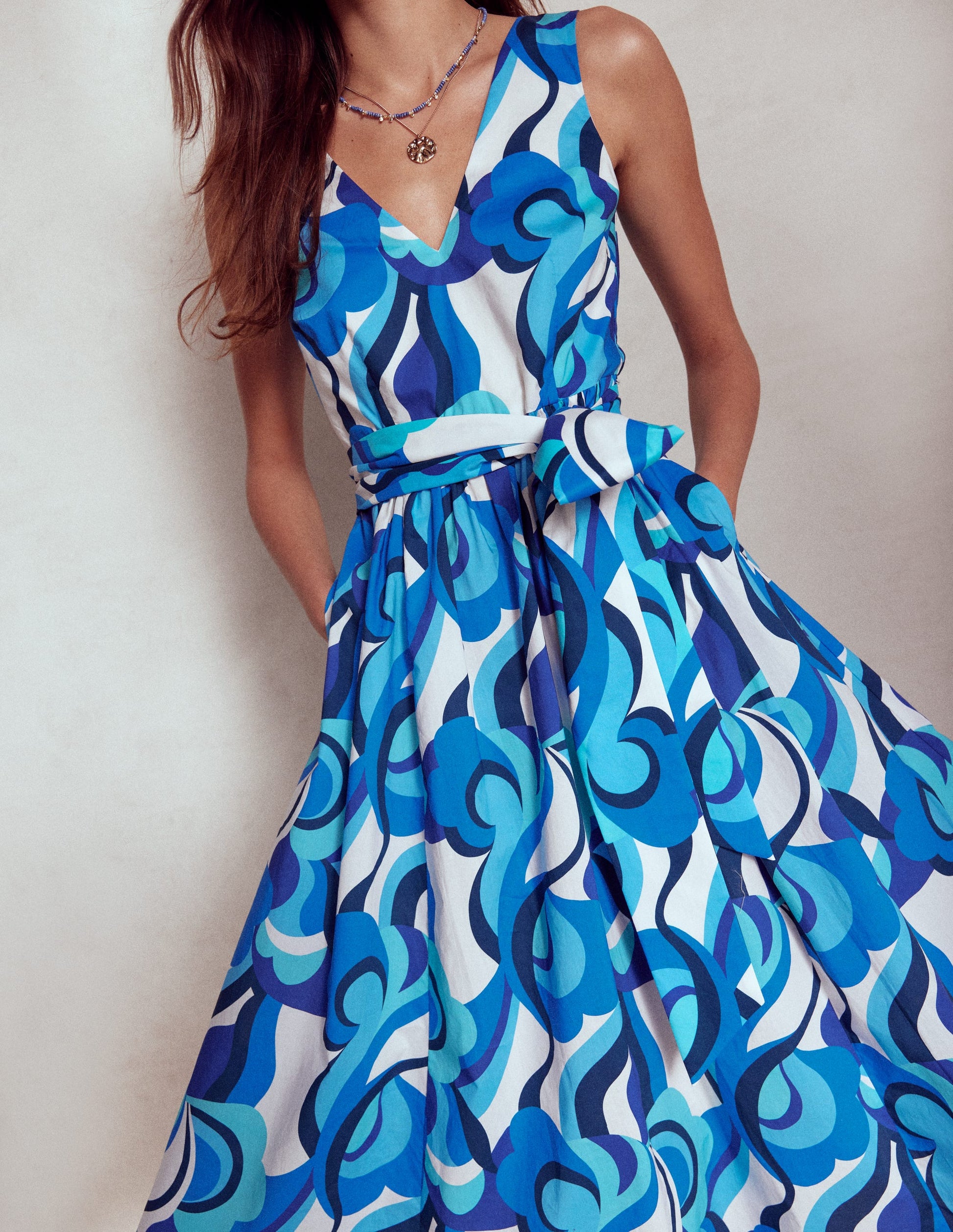V-Neck Belted Flare Dress-Blue, Abstract Swirl-1
