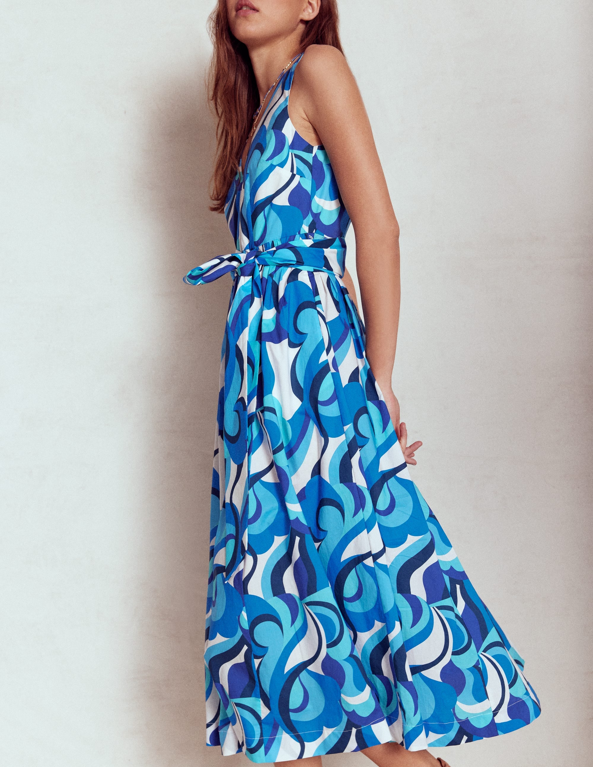 V-Neck Belted Flare Dress-Blue, Abstract Swirl - Image 2