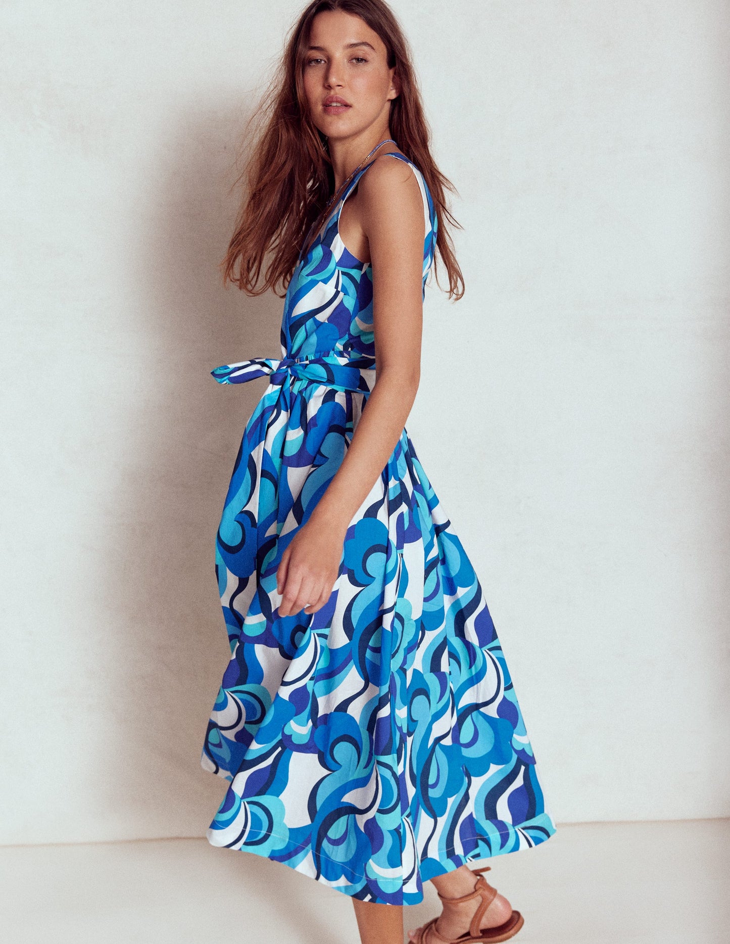 V-Neck Belted Flare Dress-Blue, Abstract Swirl
