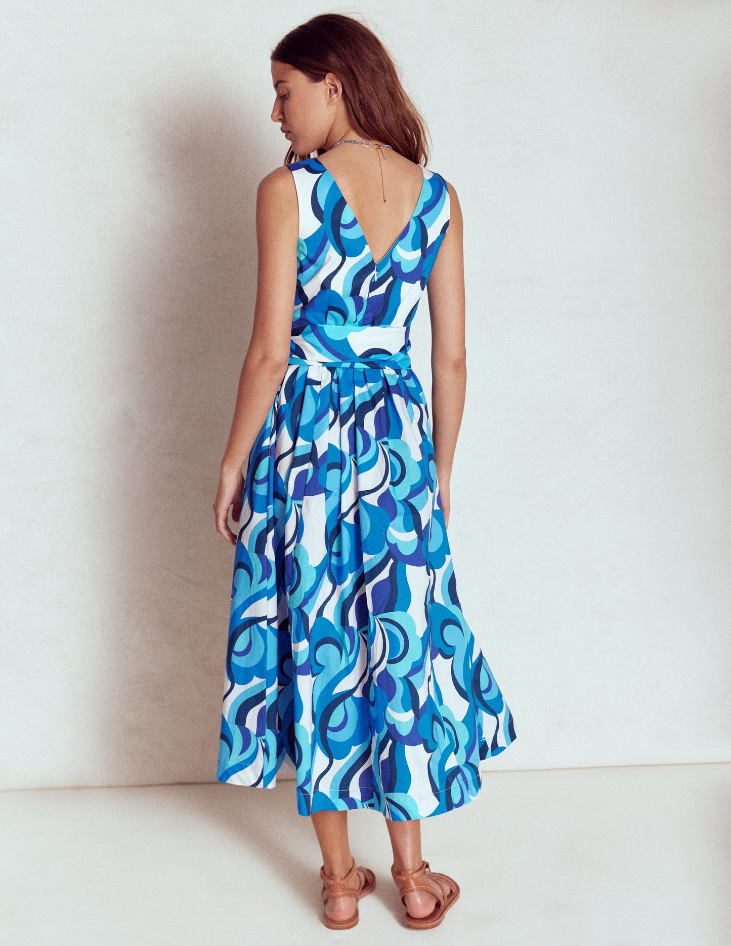 V-Neck Belted Flare Dress-Blue, Abstract Swirl