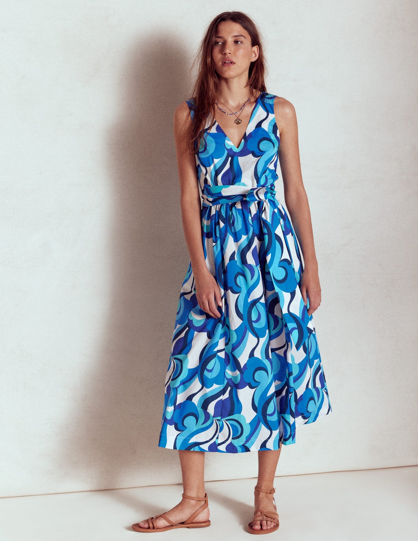 V-Neck Belted Flare Dress-Blue, Abstract Swirl