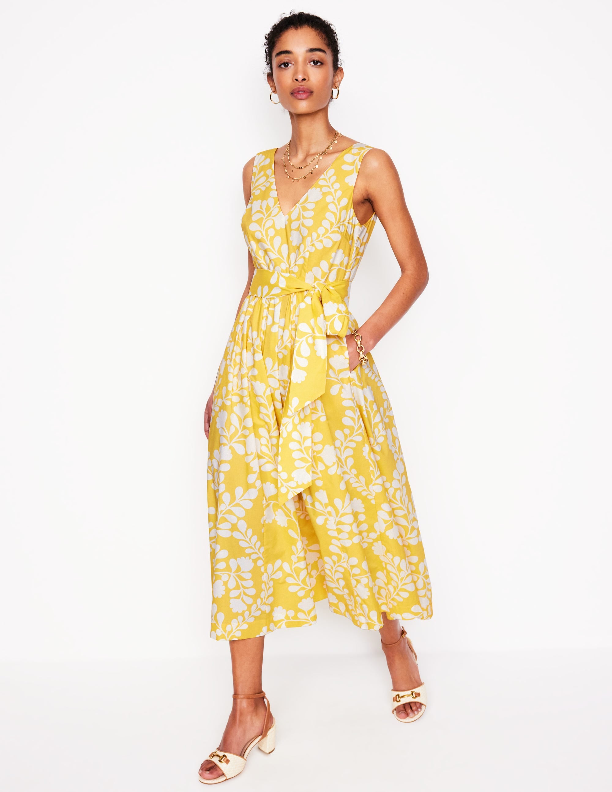 V-Neck Belted Flare Dress-Yellow, Vine Silhouette - Image 1