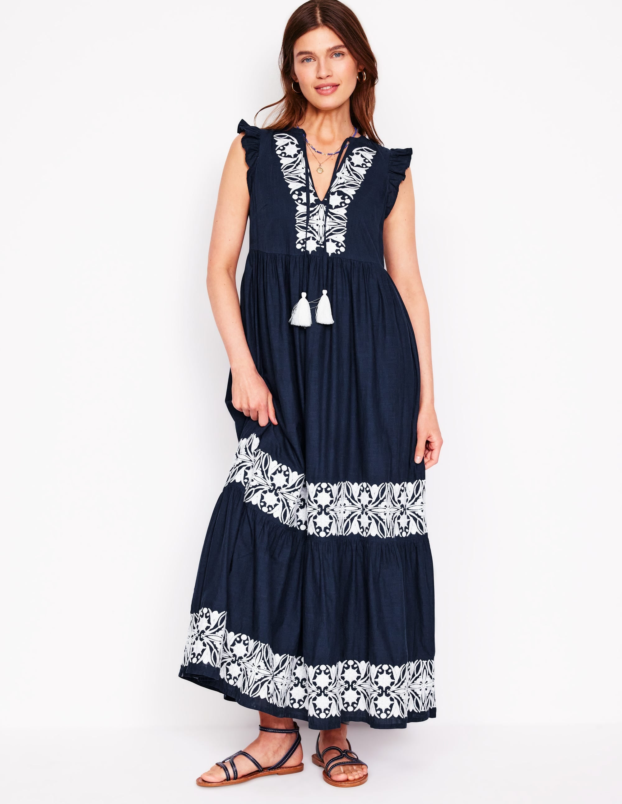 Tie Neck Tier Dress-Navy - Image 1