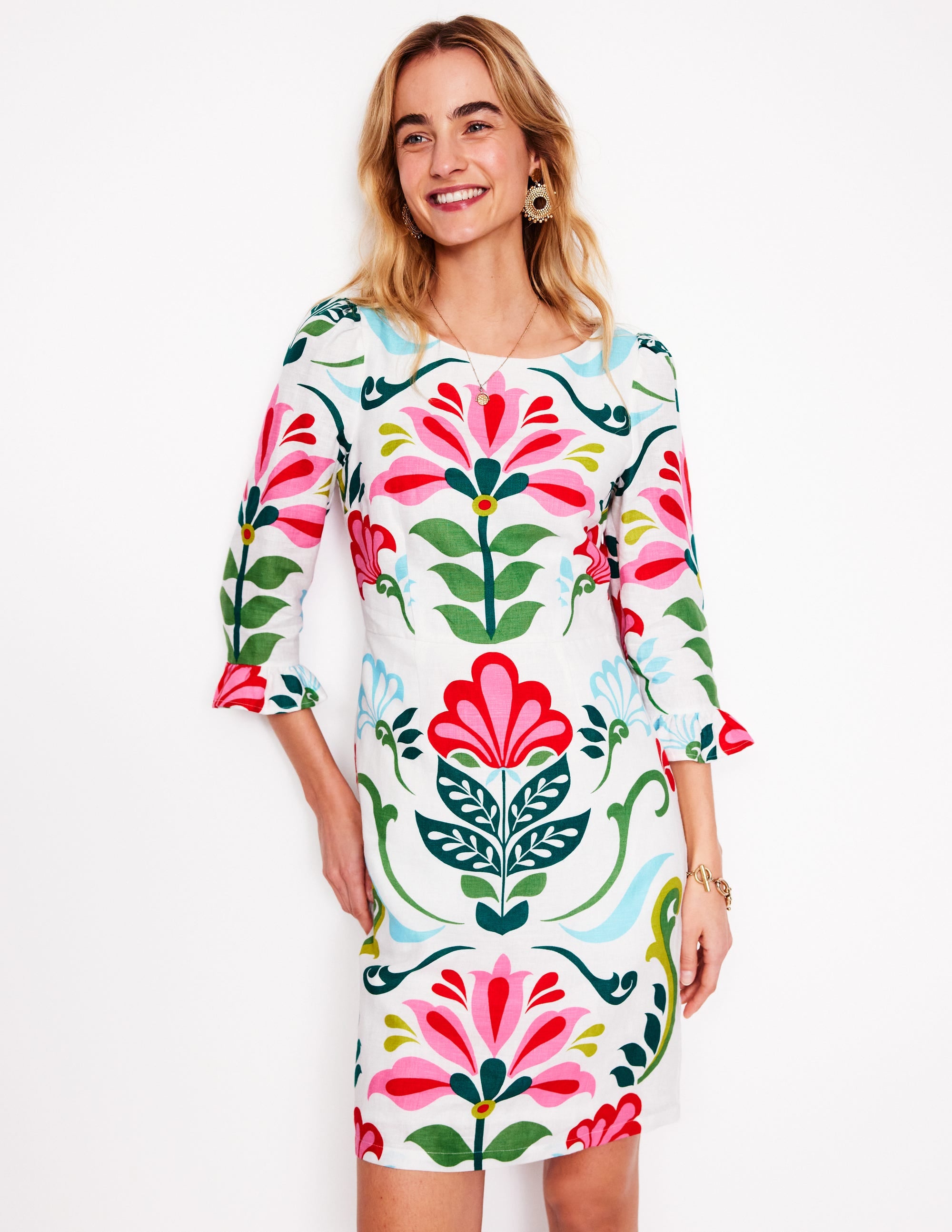 Linen Flute Sleeve Dress-Ivory, Decorative Stems - Image 1