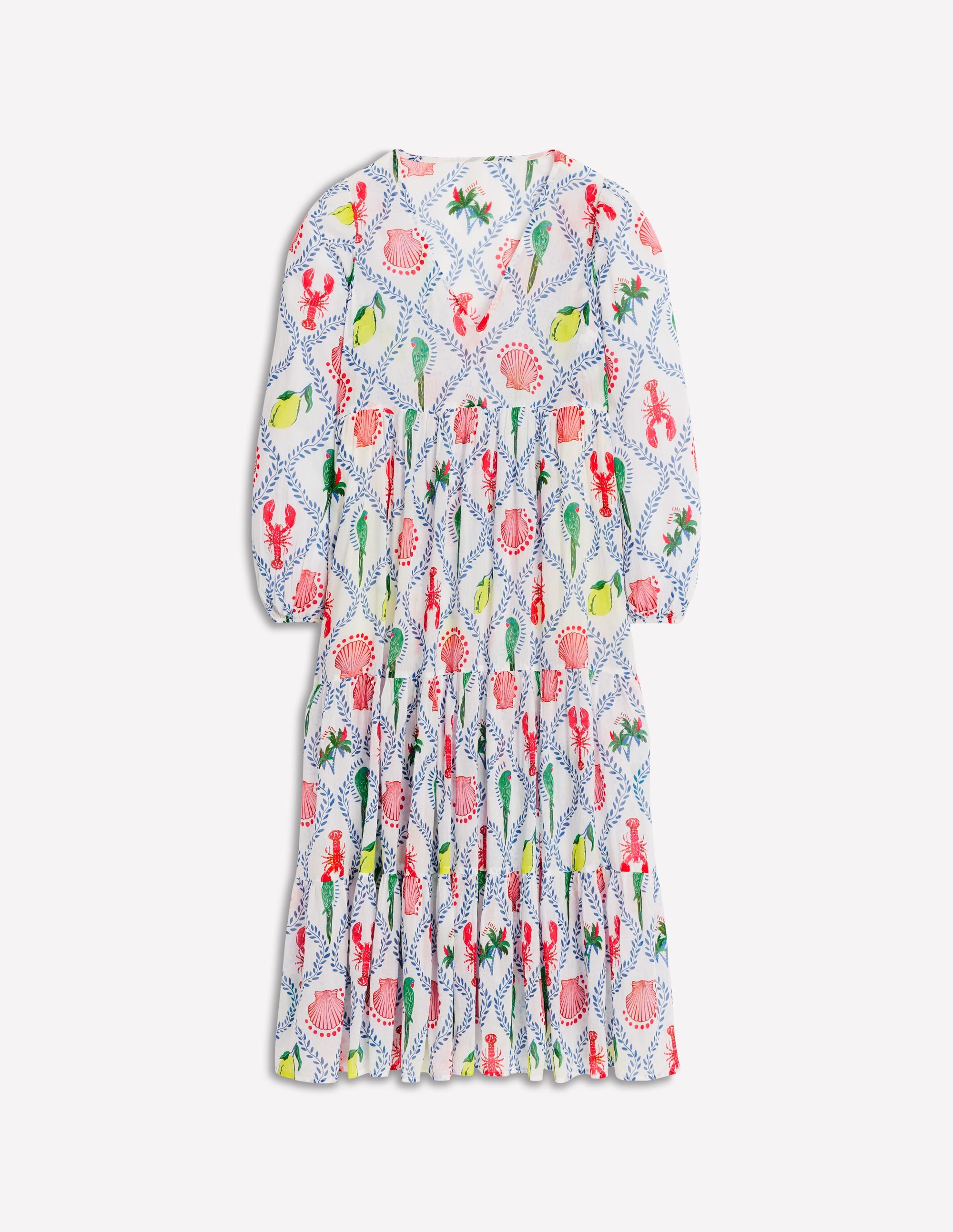 V-Neck Tiered Cotton Kaftan-Ivory, Tropical Bonanza - Image 6