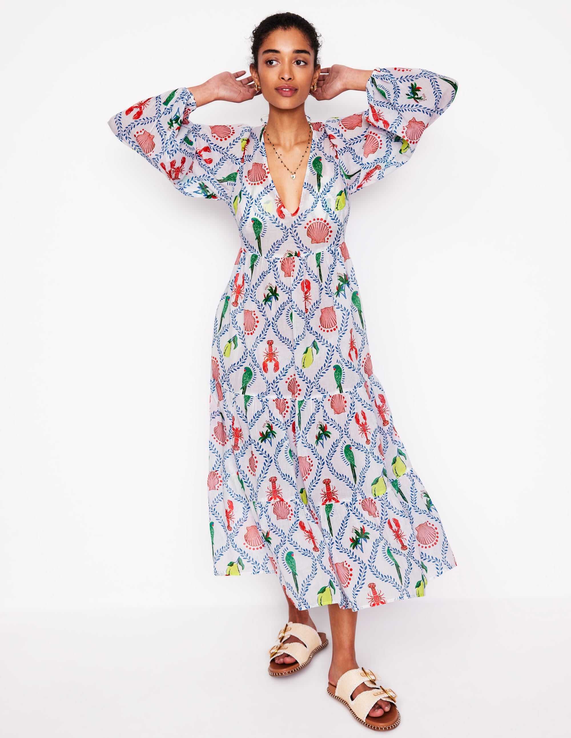 V-Neck Tiered Cotton Kaftan-Ivory, Tropical Bonanza - Image 1