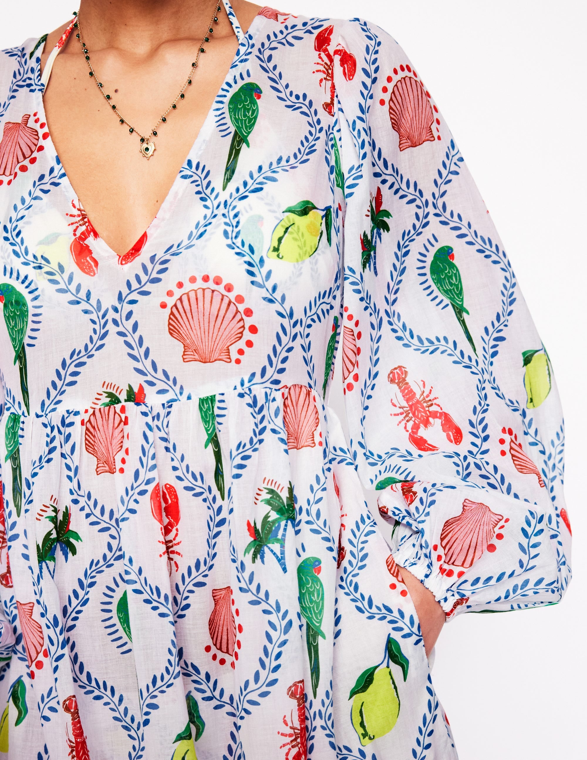 V-Neck Tiered Cotton Kaftan-Ivory, Tropical Bonanza - Image 2