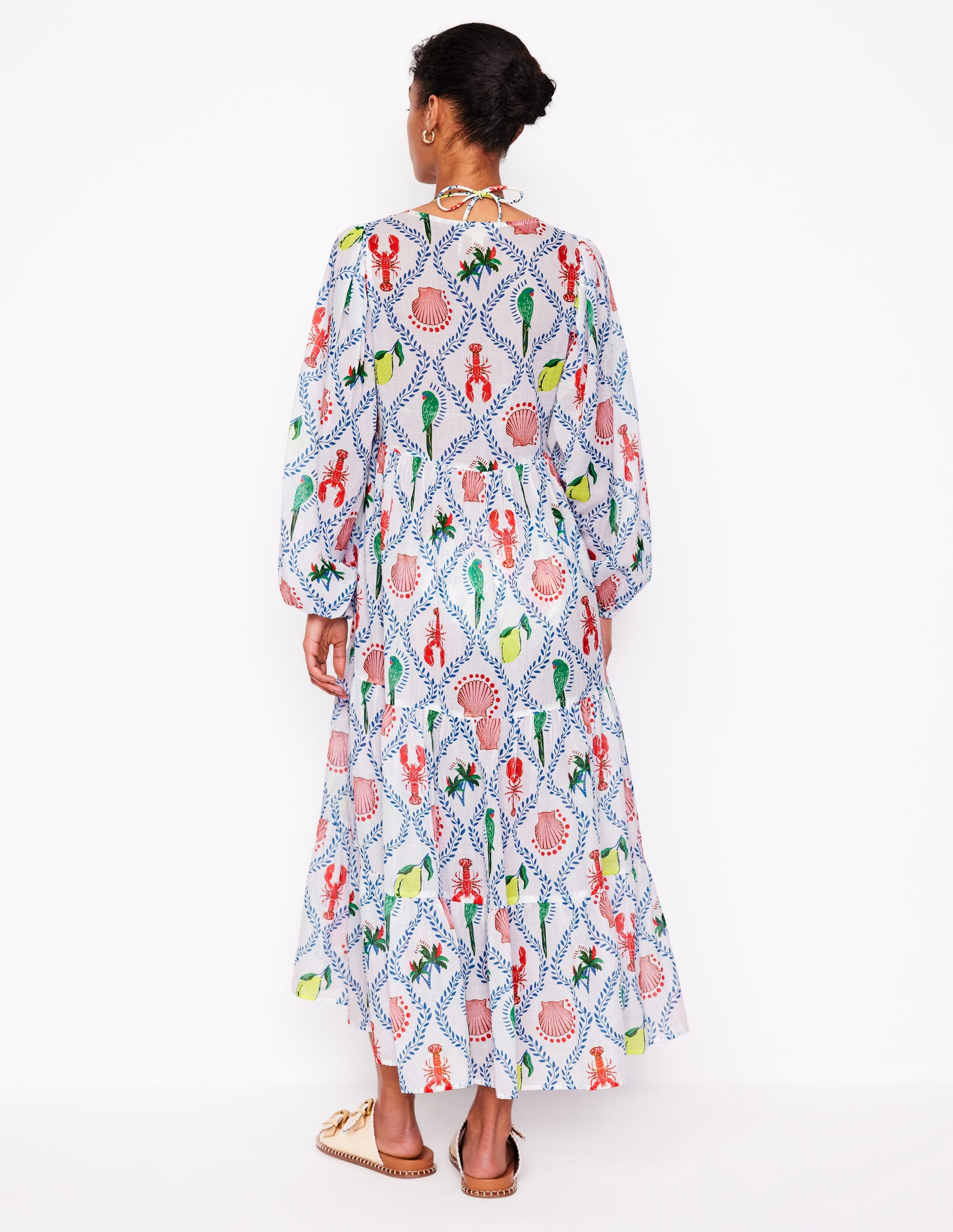 V-Neck Tiered Cotton Kaftan-Ivory, Tropical Bonanza - Image 3
