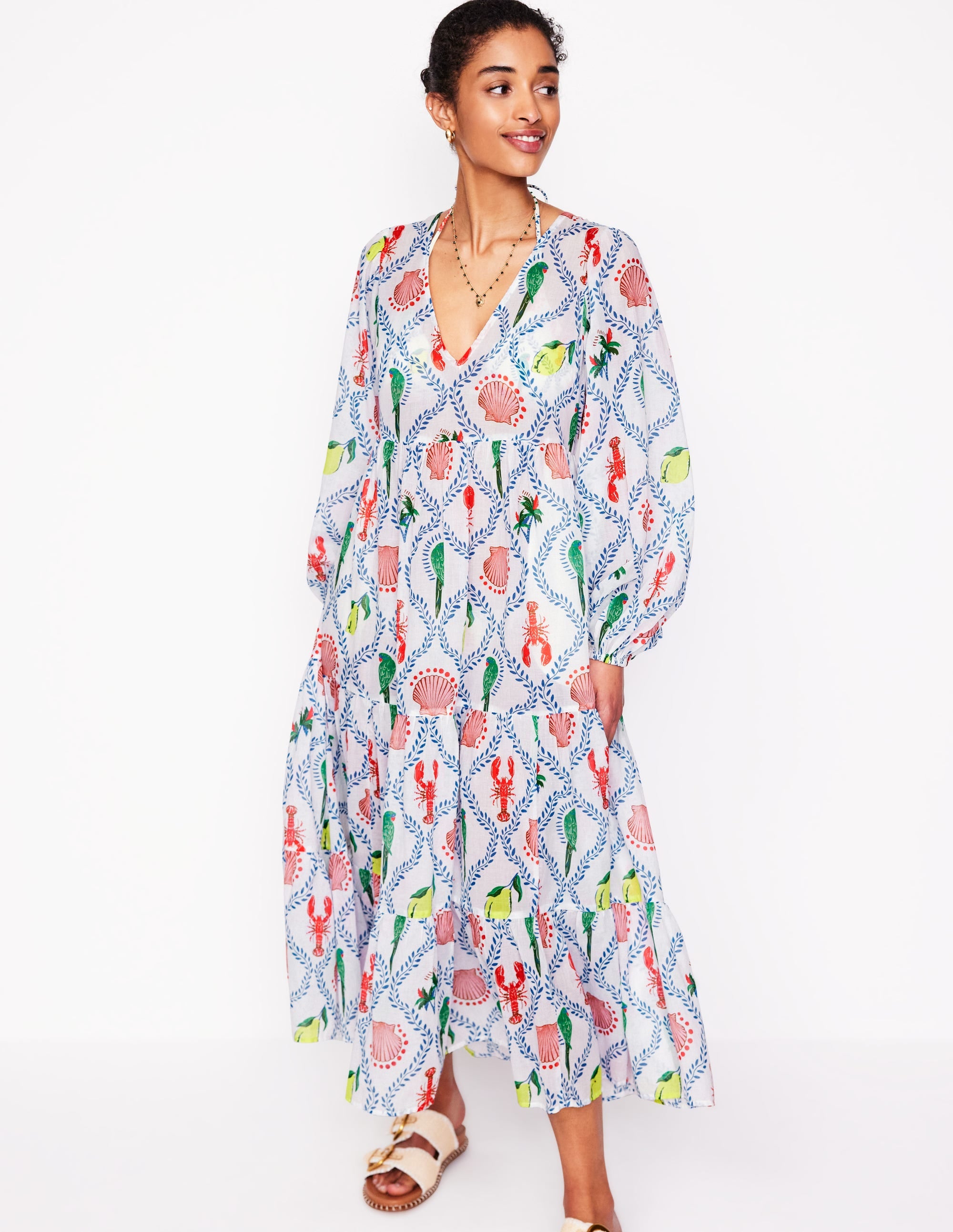 V-Neck Tiered Cotton Kaftan-Ivory, Tropical Bonanza - Image 4