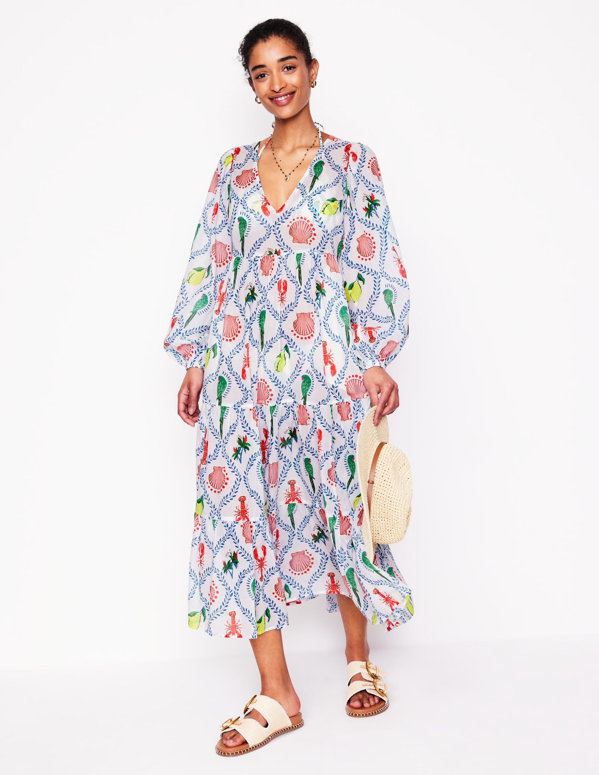 V-Neck Tiered Cotton Kaftan-Ivory, Tropical Bonanza - Image 5