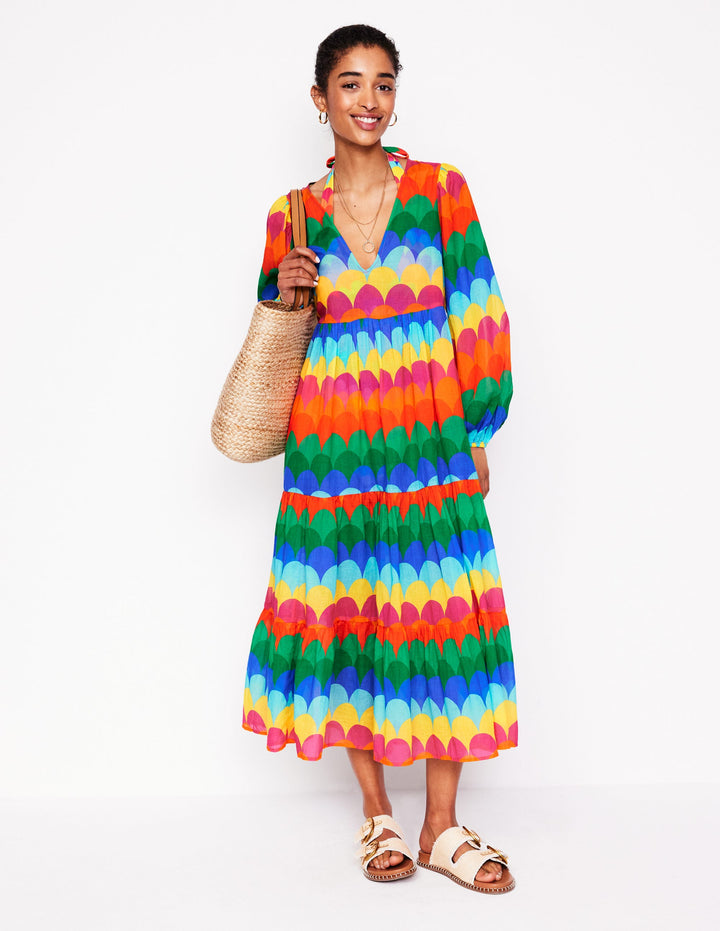 V-Neck Tiered Cotton Kaftan-Multi, Scallop Stripe