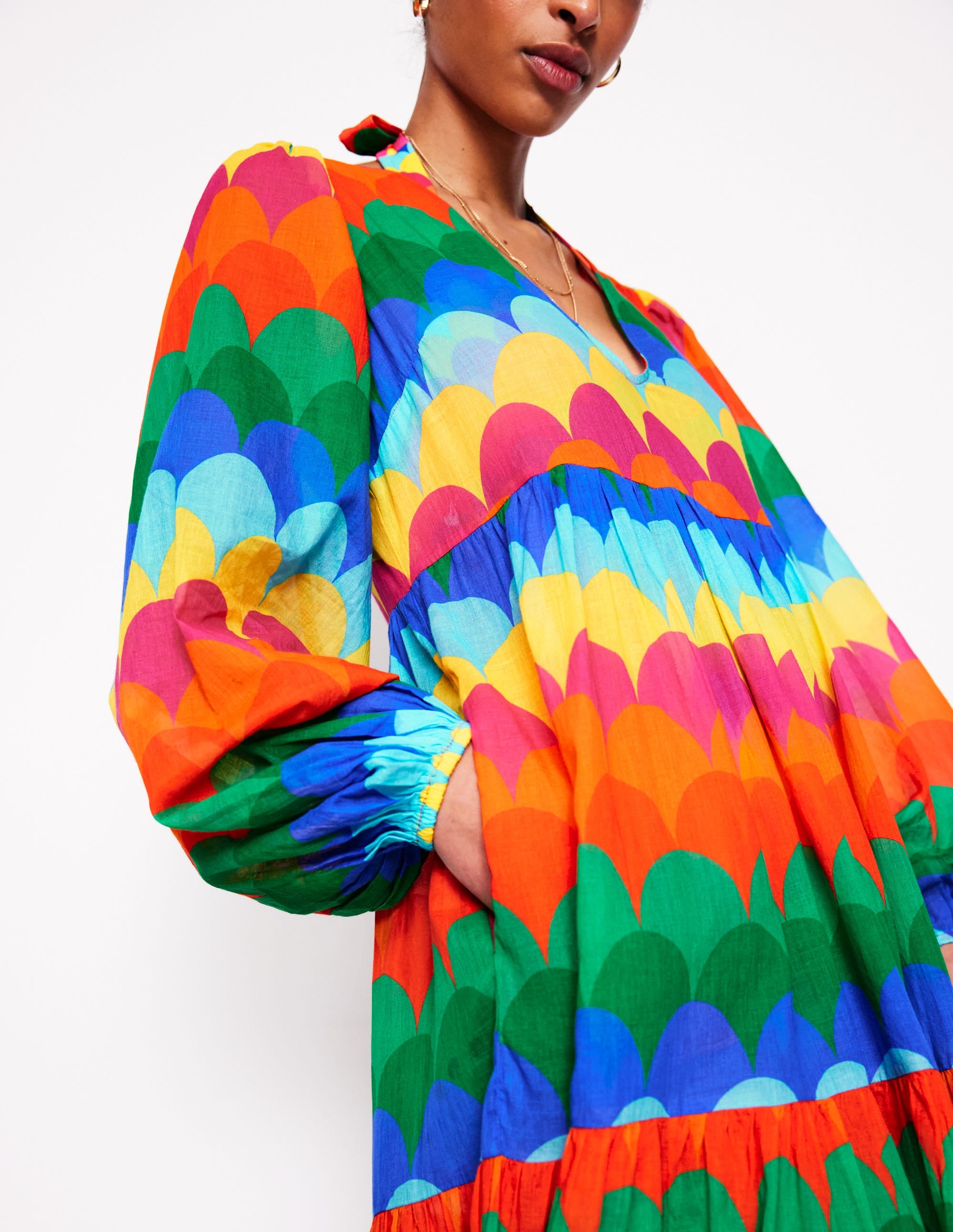 V-Neck Tiered Cotton Kaftan-Multi, Scallop Stripe - Image 2