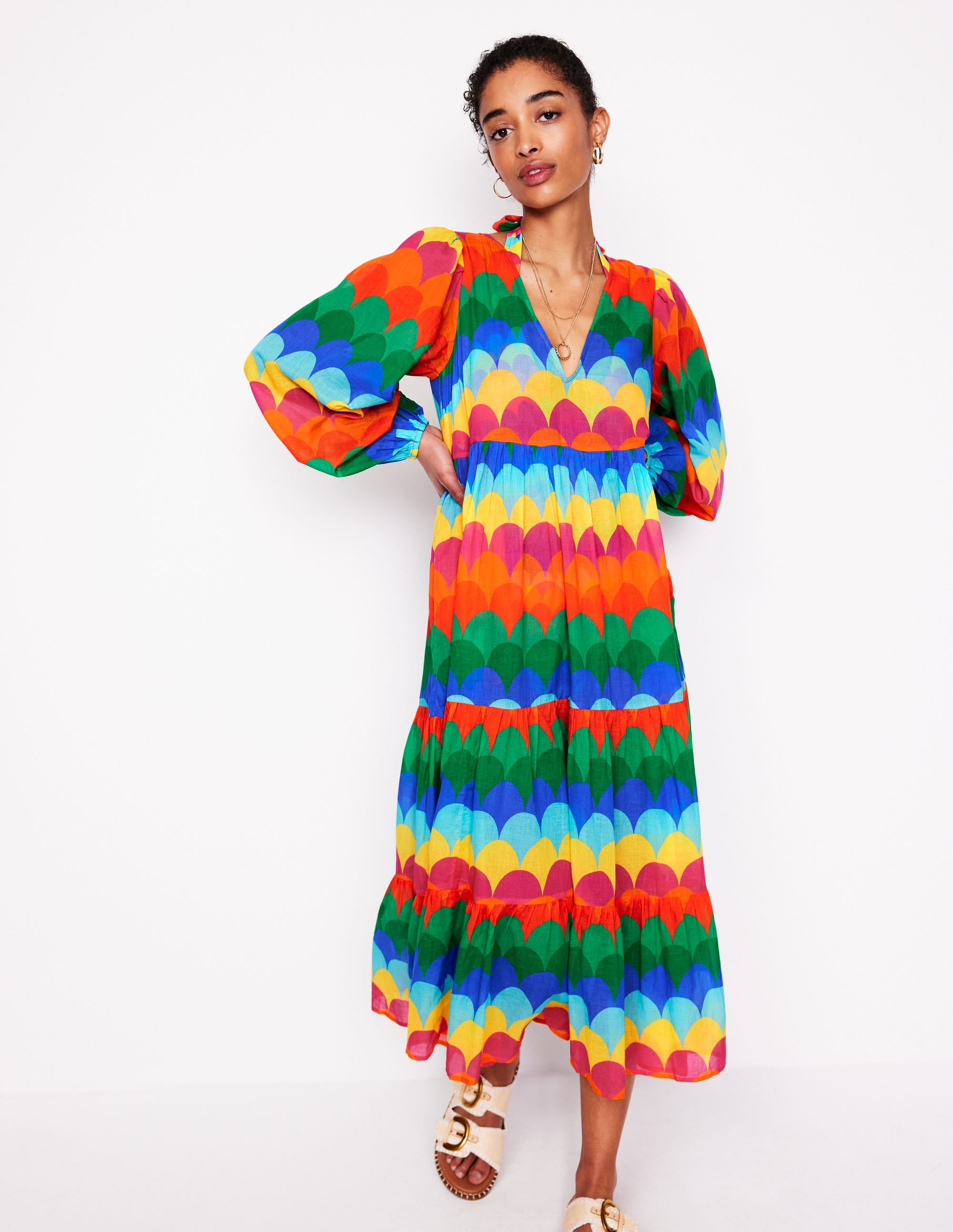 V-Neck Tiered Cotton Kaftan-Multi, Scallop Stripe - Image 5