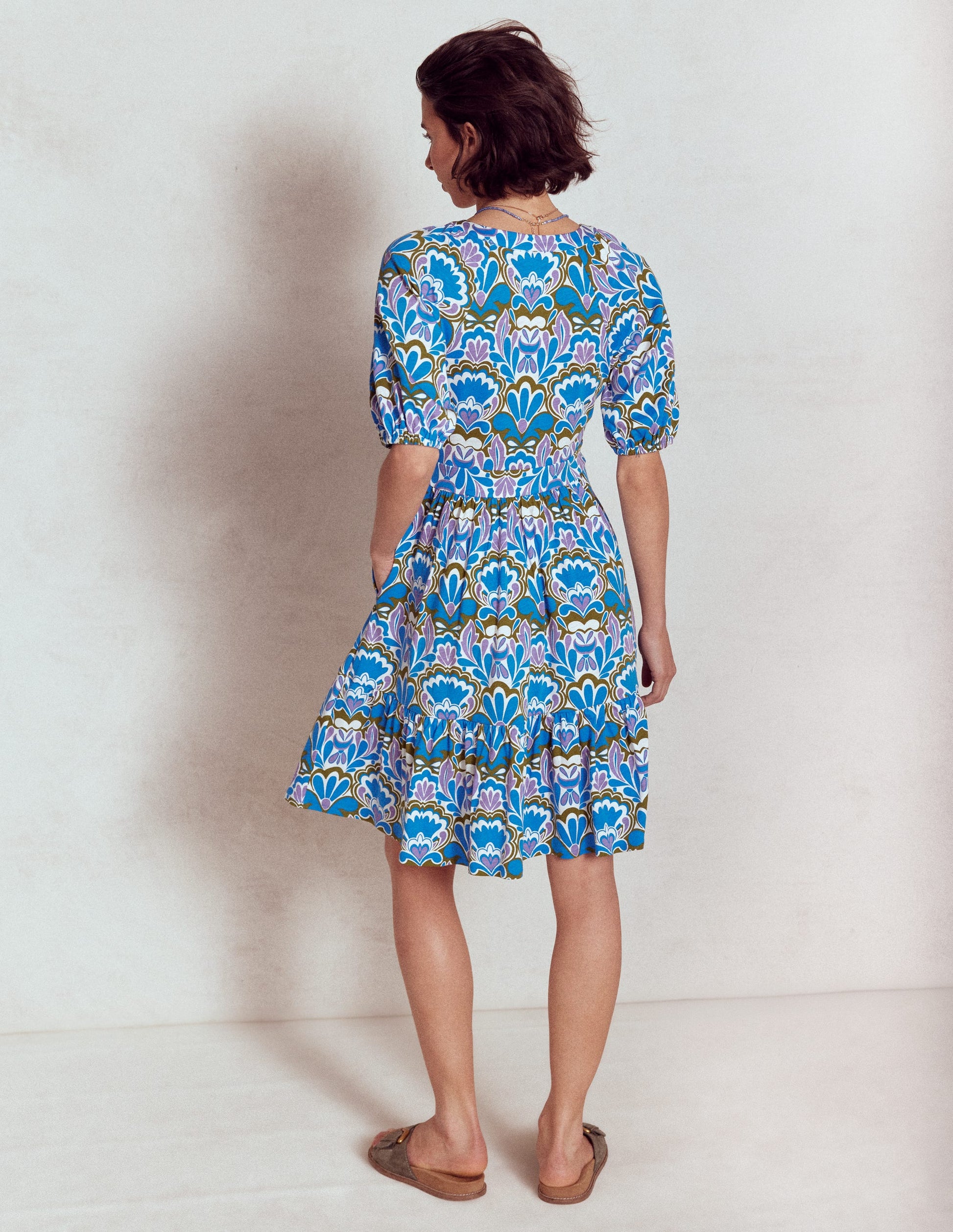Piper Short Jersey Dress-Kingfisher Blue, Freesia Stamp | Boden UK Piper Short Jersey Dress-Kingfisher Blue, Freesia Stamp | Boden UK