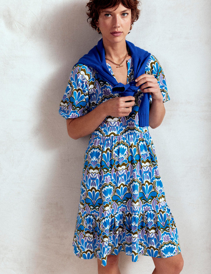 Piper Short Jersey Dress-Kingfisher Blue, Freesia Stamp