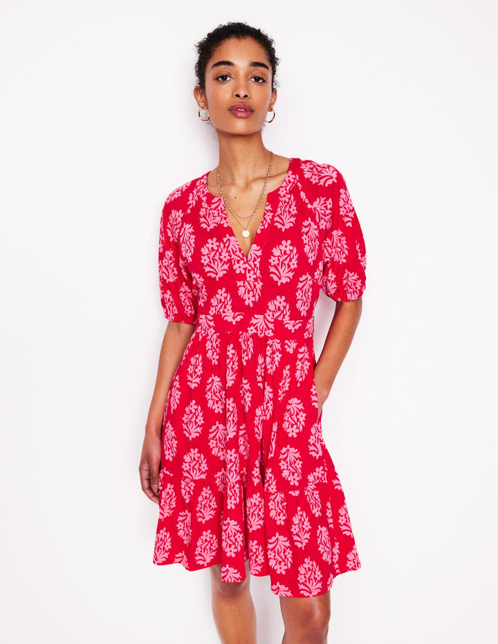 Piper Short Jersey Dress-Poppy Red, Posy Stamp