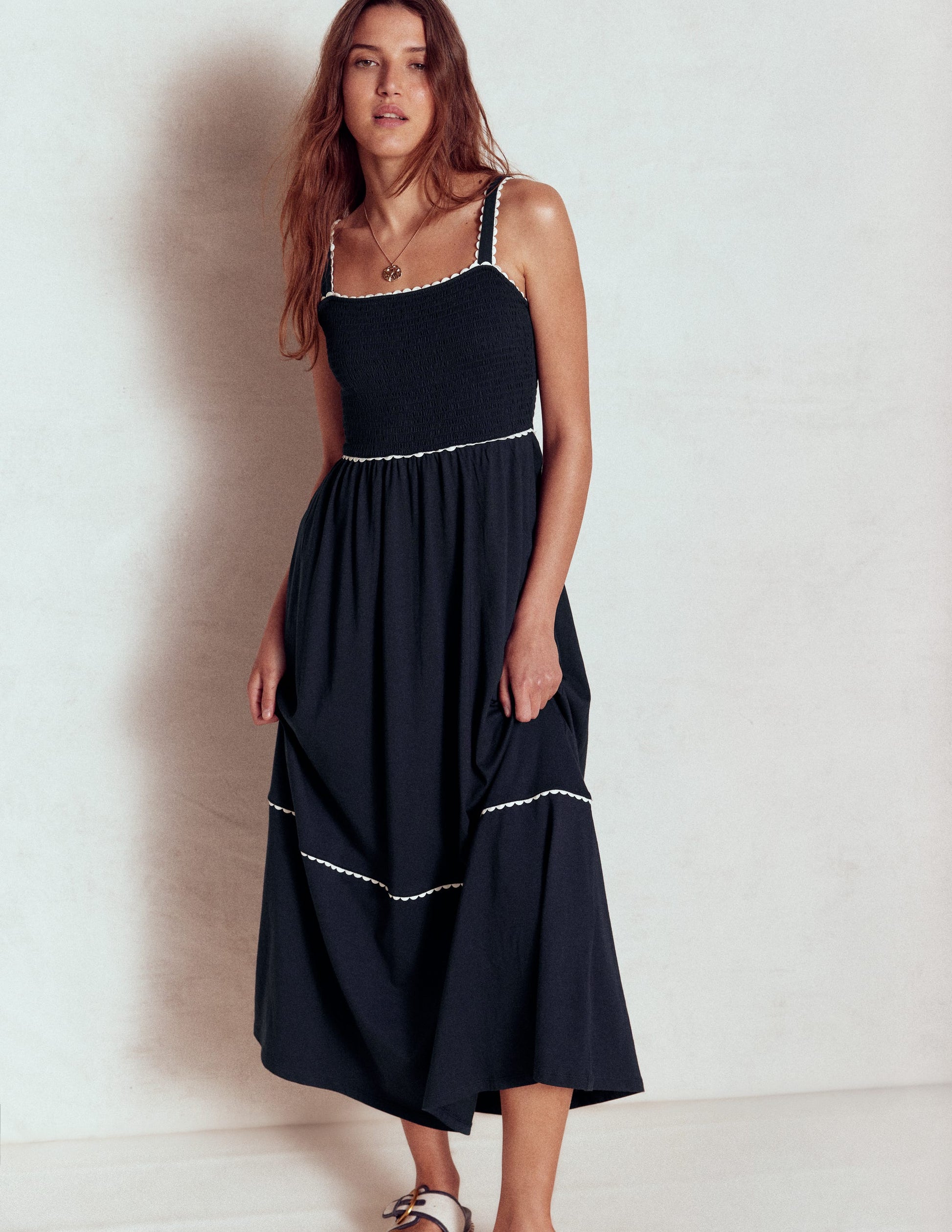 Smocked Trim Maxi Dress-Navy Boden UK