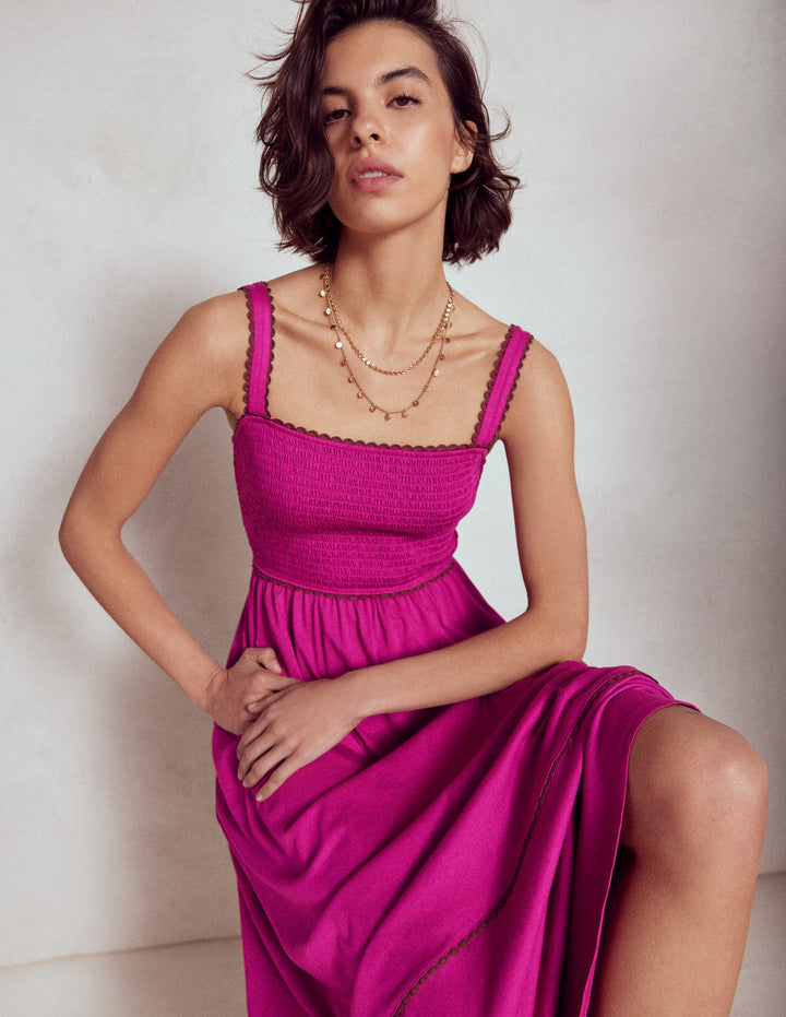 Smocked Trim Maxi Dress-Fuchsia