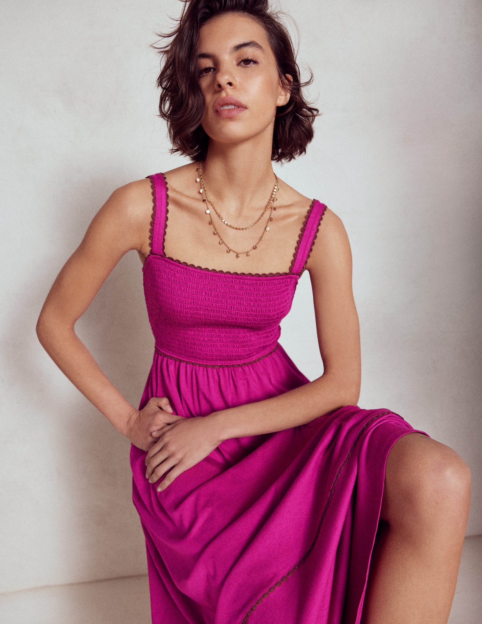 Smocked Trim Maxi Dress-Fuchsia - Image 1
