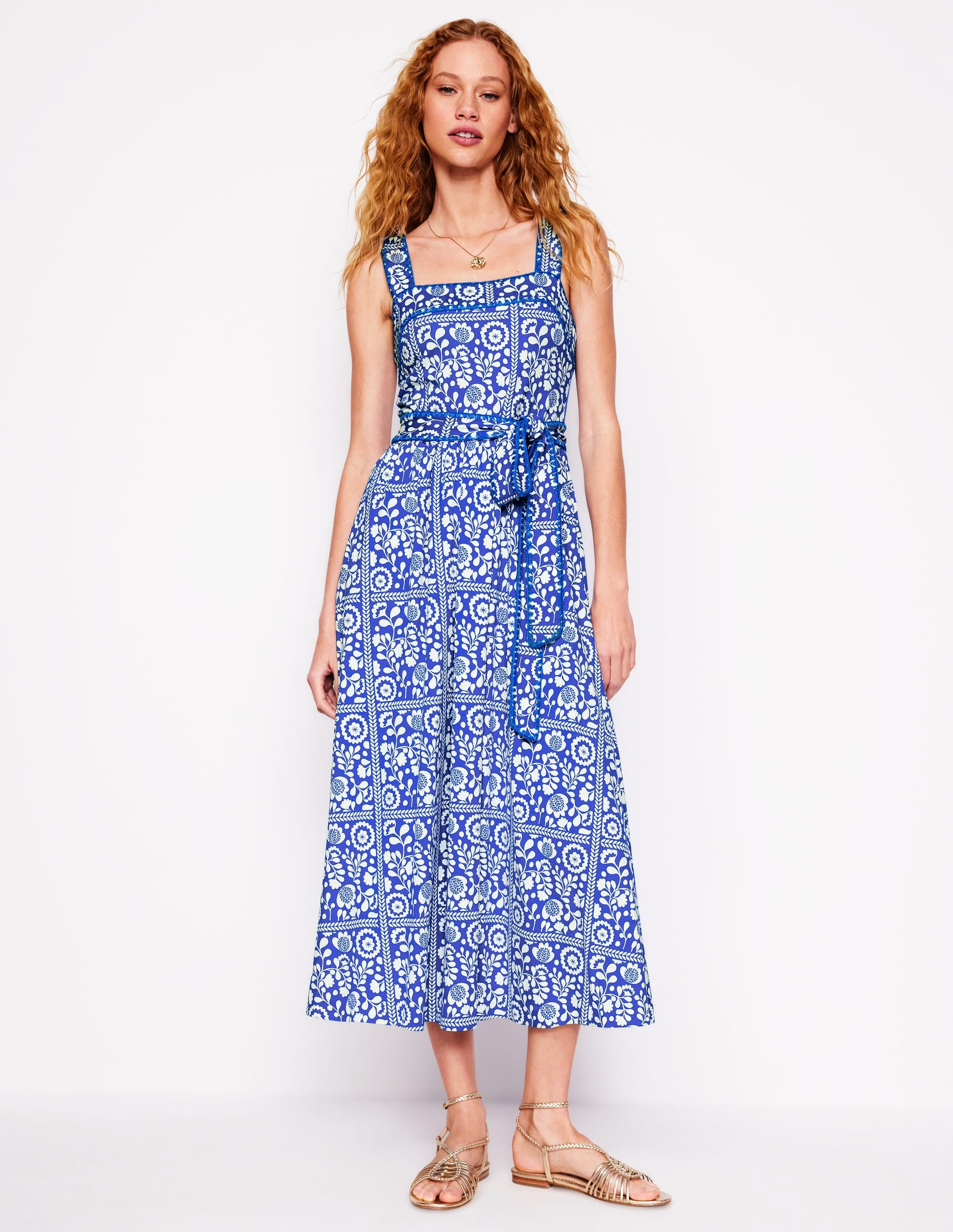 Square Neck Seam Midi Dress-Gallery Blue, Vine Tile - Image 1