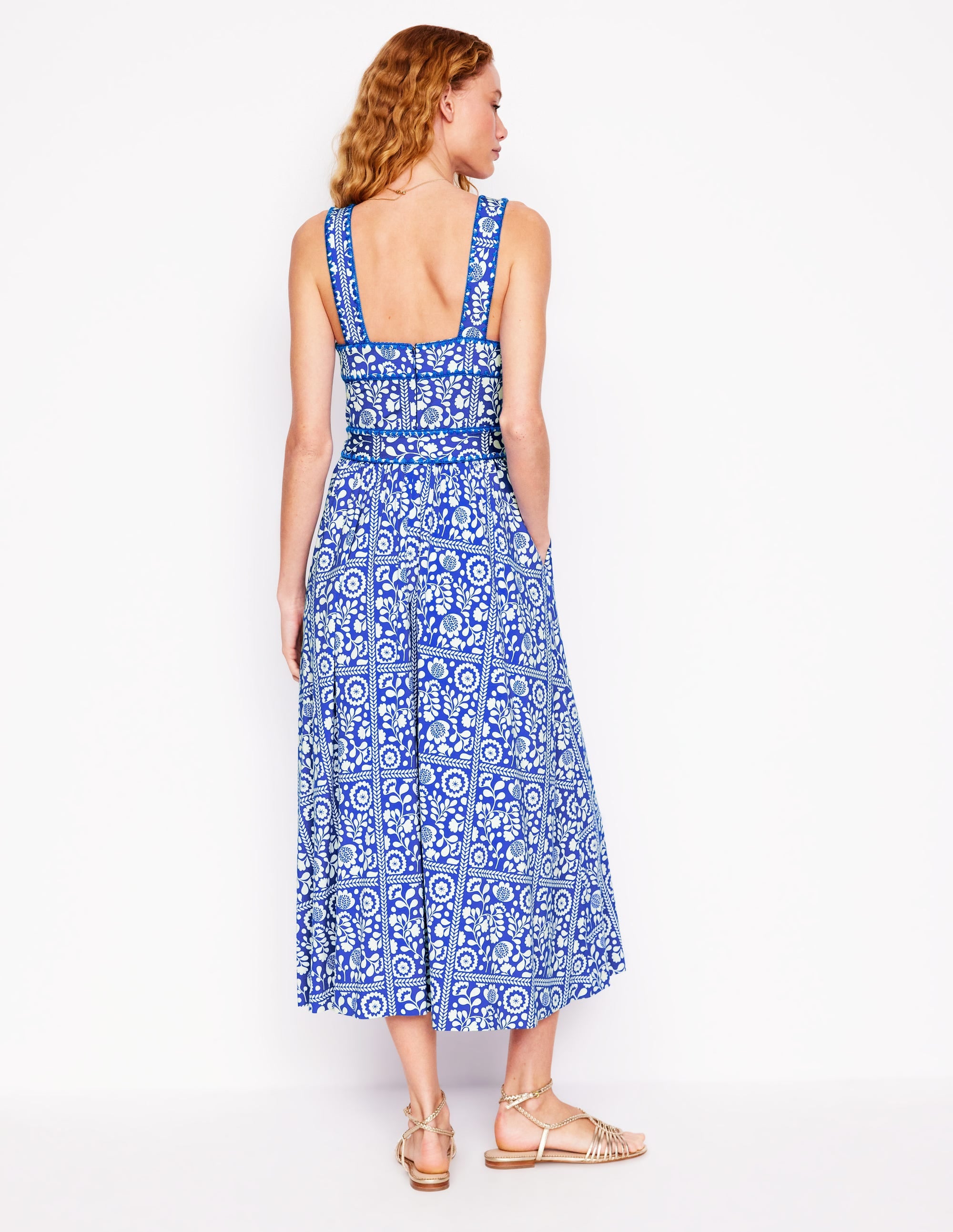 Square Neck Seam Midi Dress-Gallery Blue, Vine Tile - Image 3