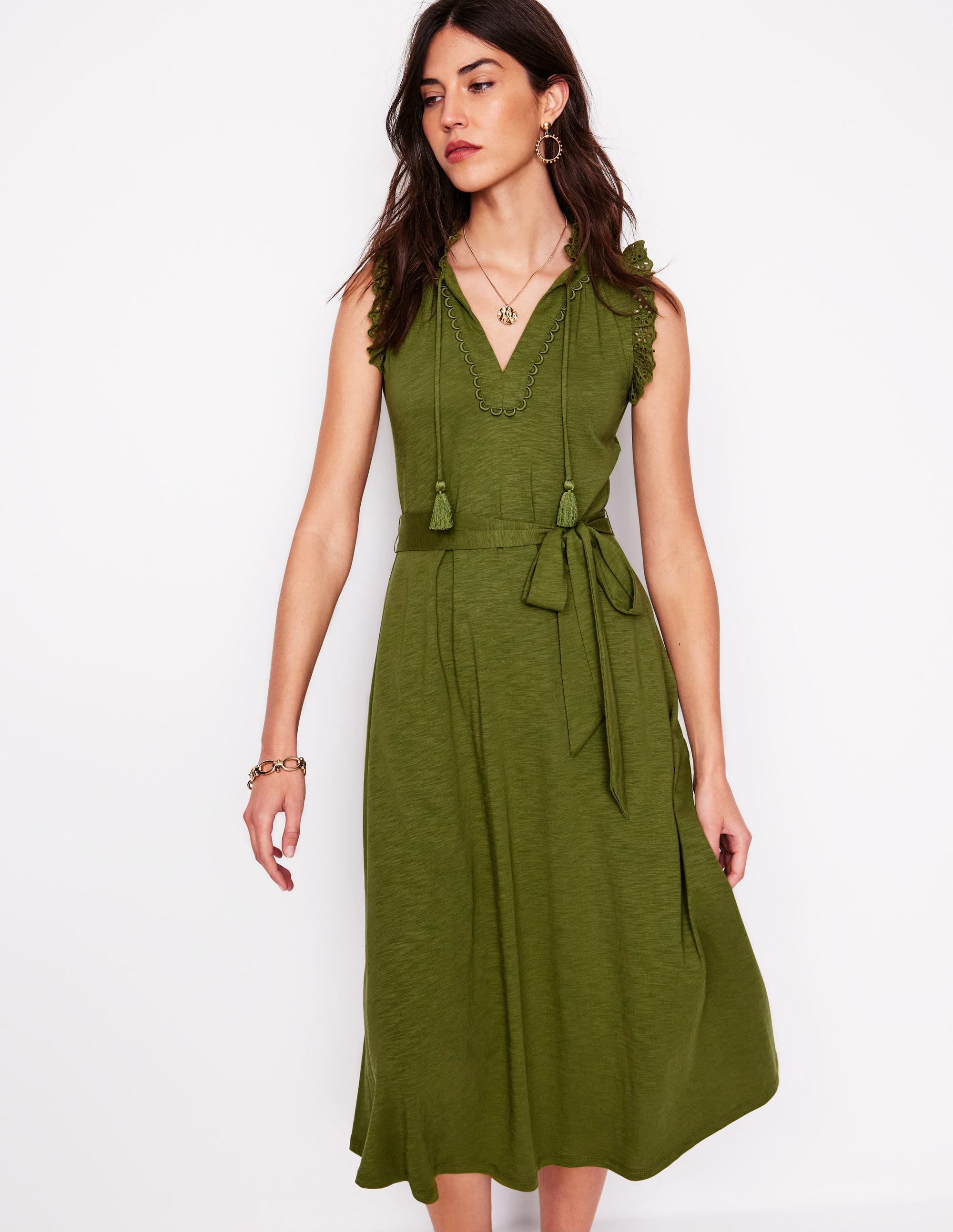 Aria Broderie Trim Midi Dress-Deep Olive - Image 1
