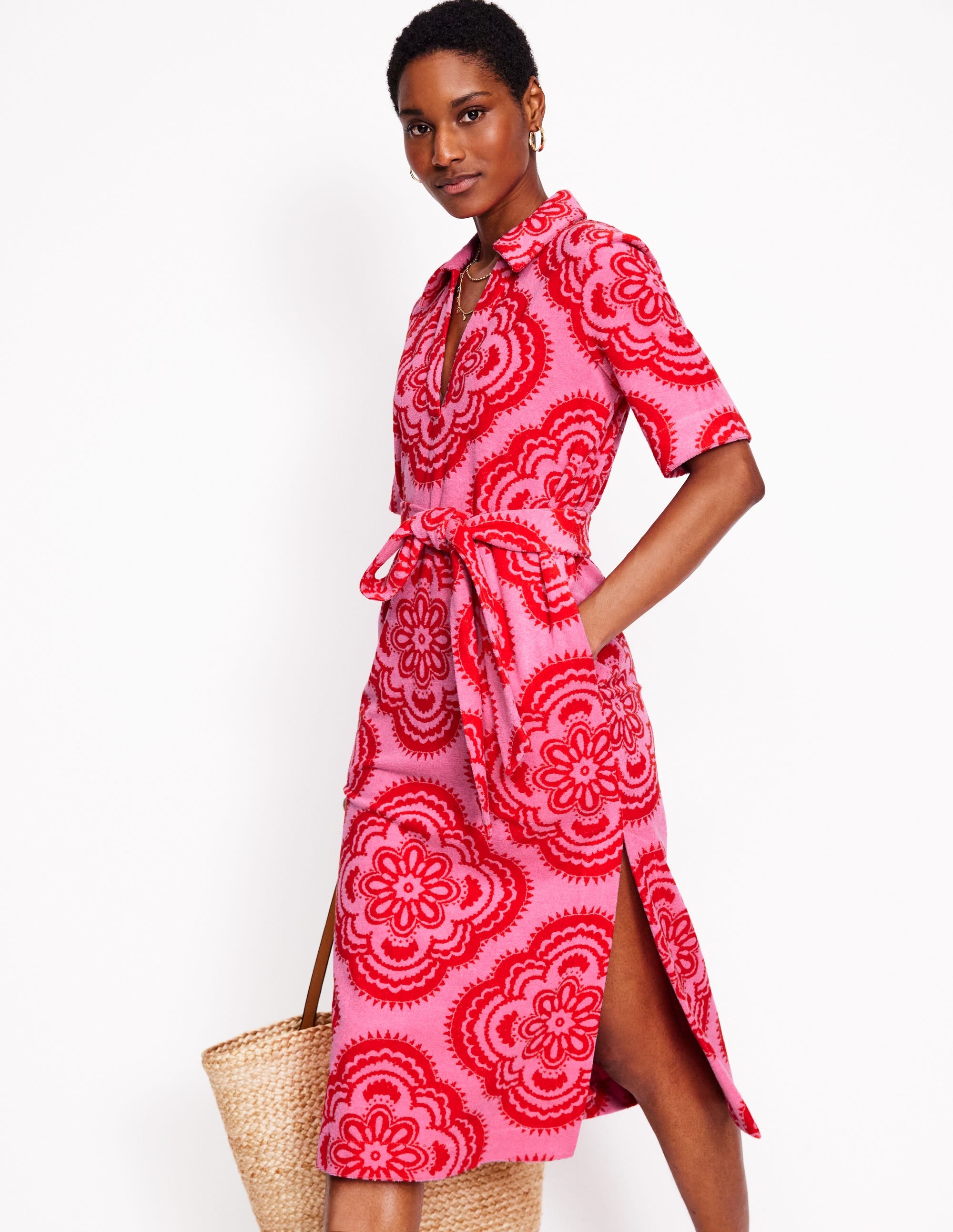 Collared Notch Towel Dress-Pink Rose, Botanic Blush - Image 1