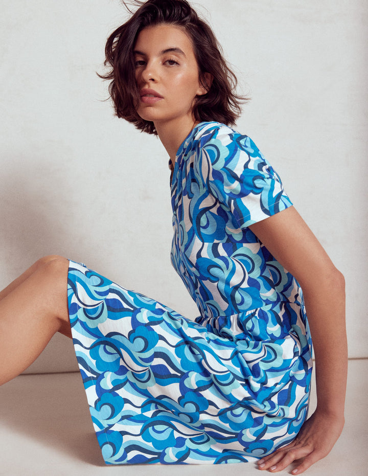 Naomi Short Jersey Dress-Blue, Abstract Swirl