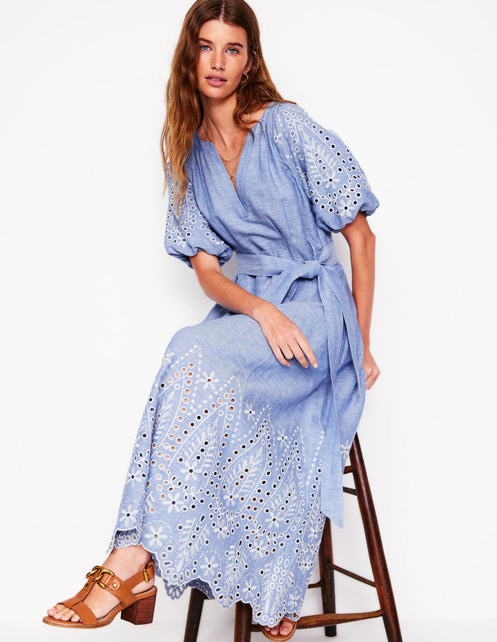 Puff Sleeve Embroidered Dress-Grey Blue Chambray