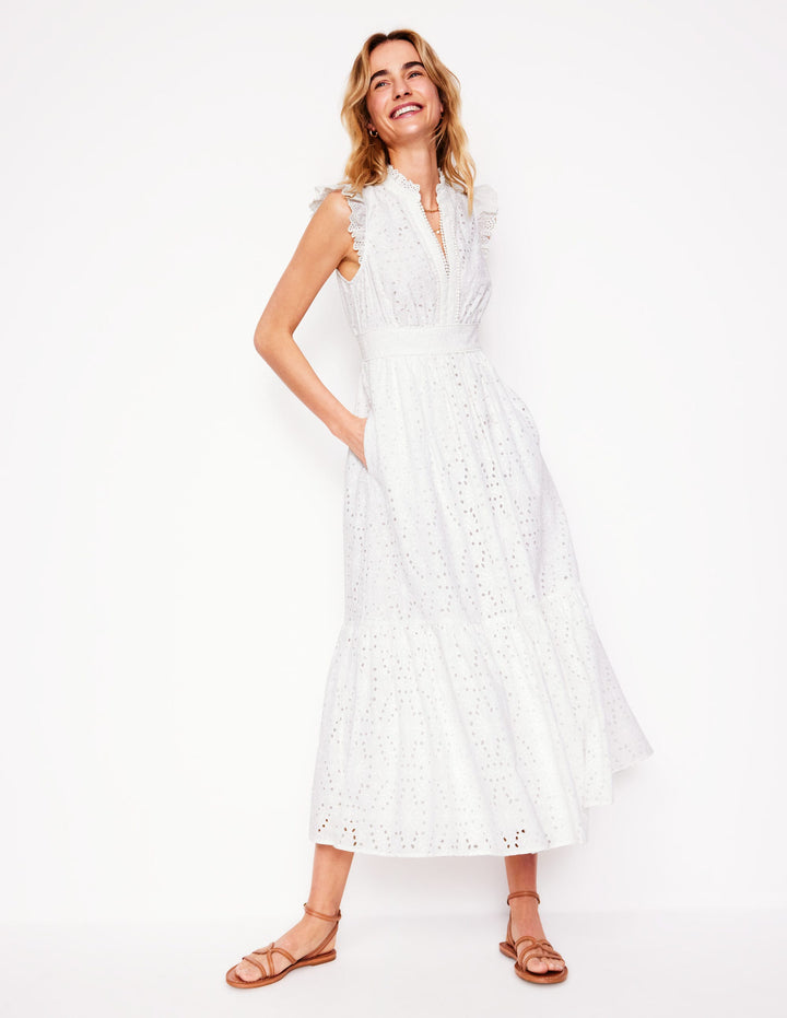 Wren Broderie Midi Dress-Ivory, Broderie