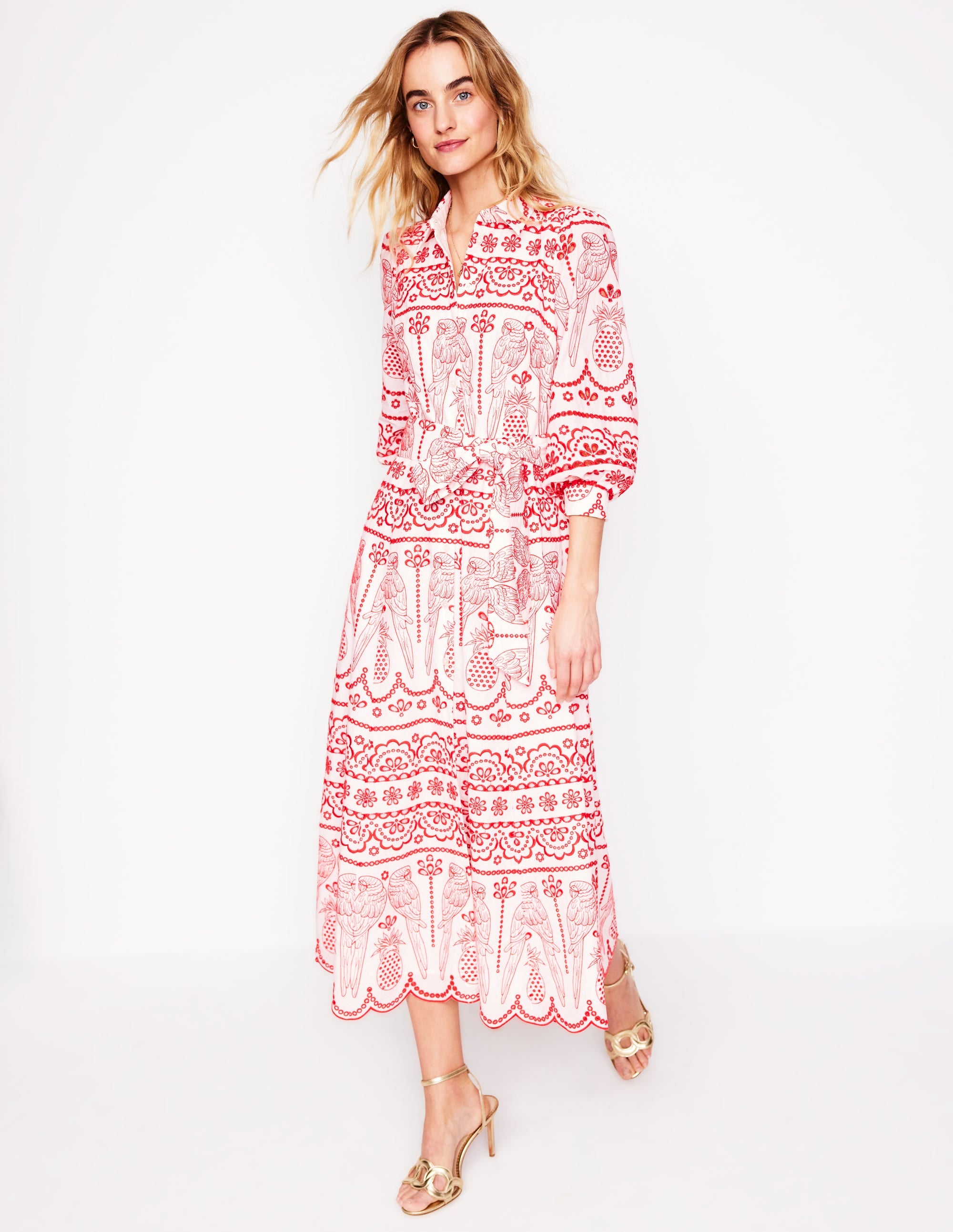 Clara Broderie Shirt Dress-Poppy Red, Parrot Broderie - Image 1