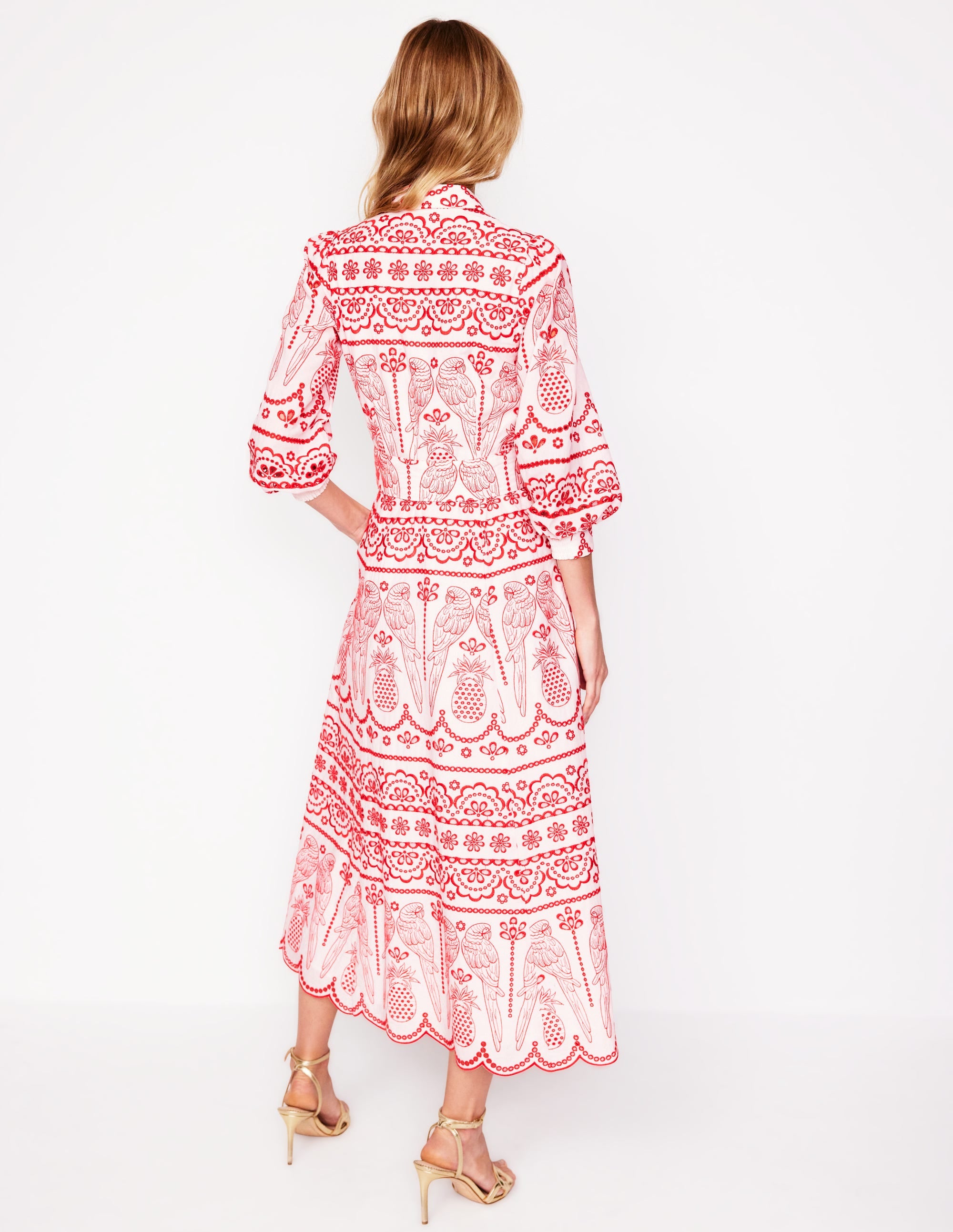 Clara Broderie Shirt Dress-Poppy Red, Parrot Broderie - Image 3