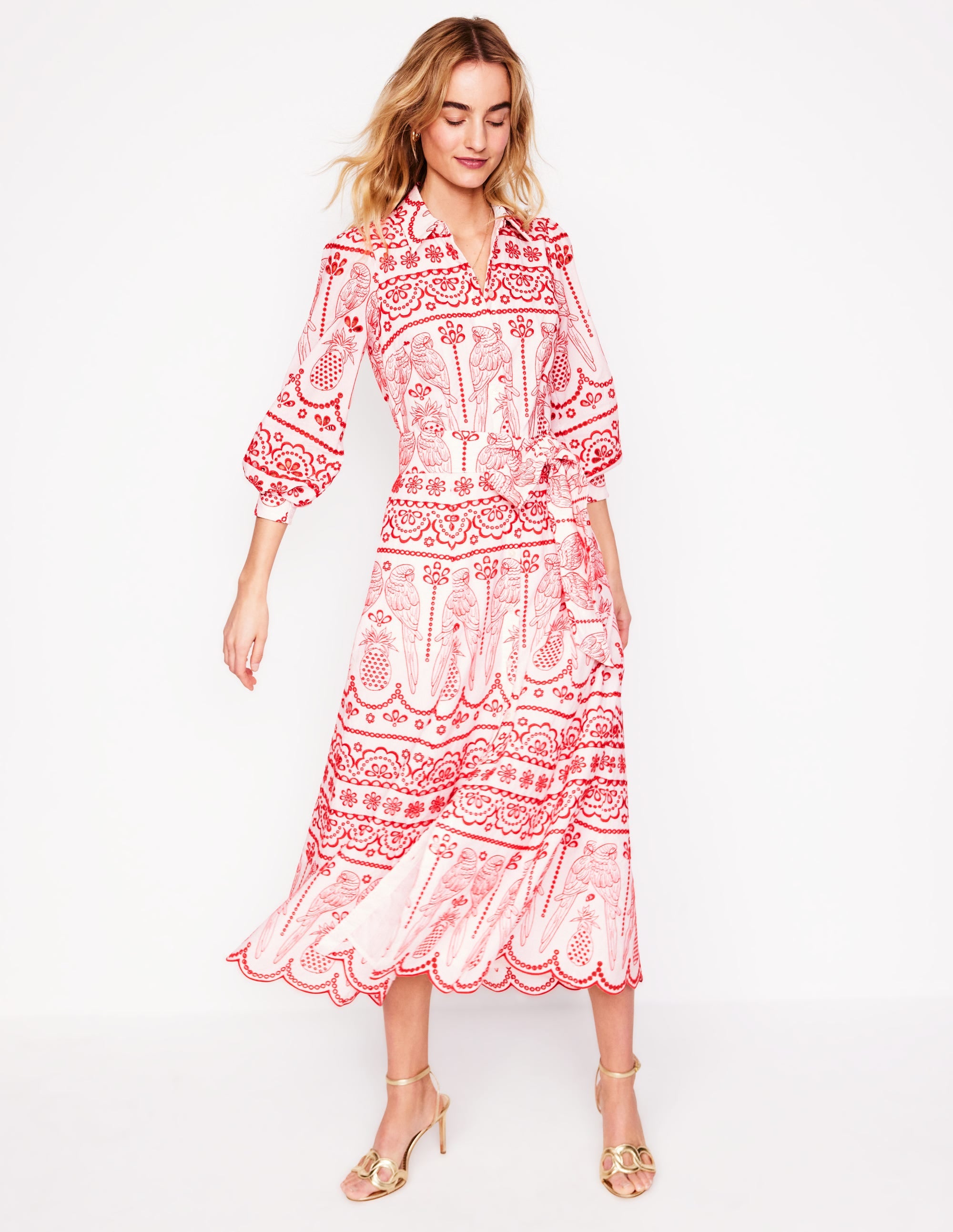 Clara Broderie Shirt Dress-Poppy Red, Parrot Broderie - Image 4