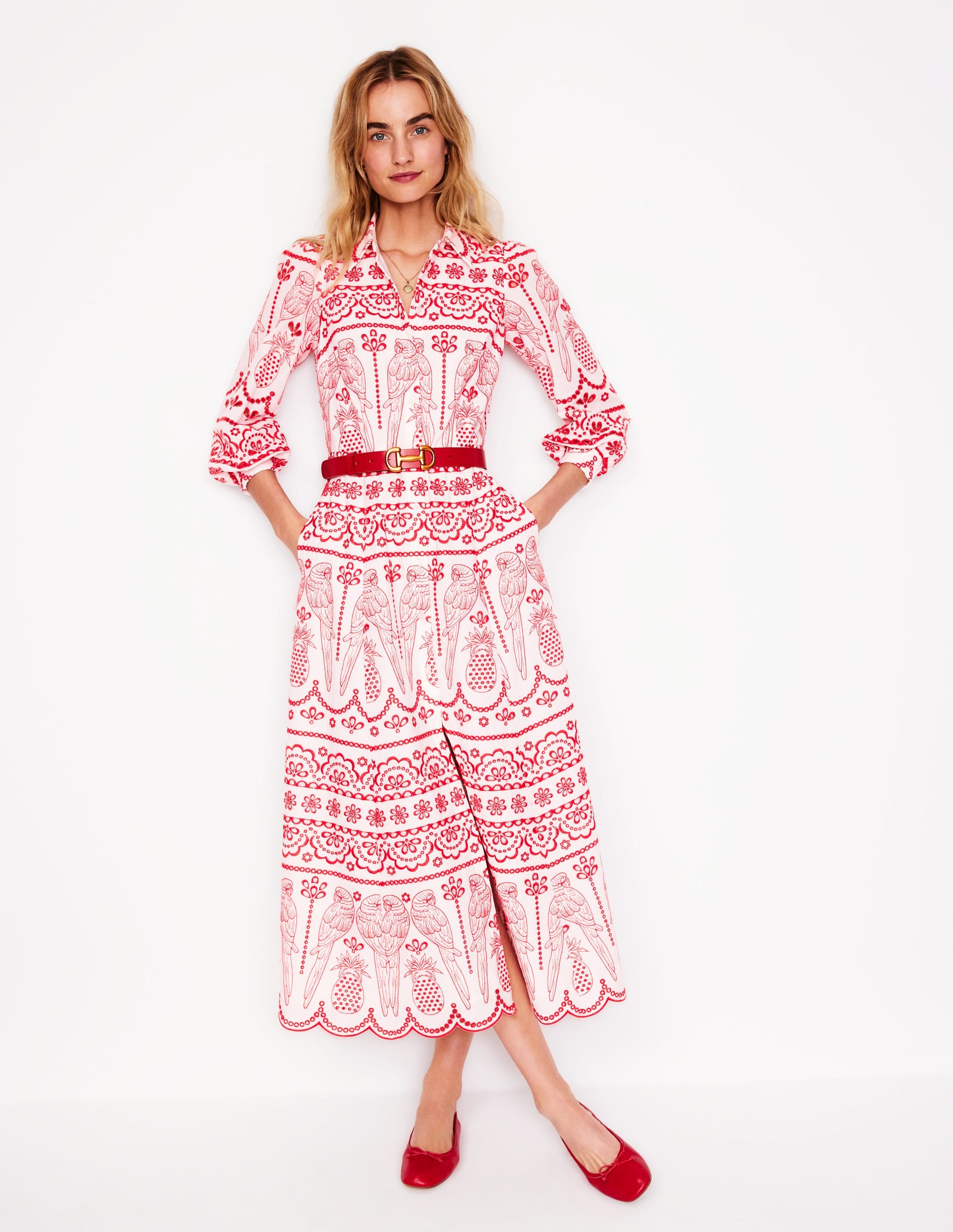 Clara Broderie Shirt Dress-Poppy Red, Parrot Broderie - Image 5