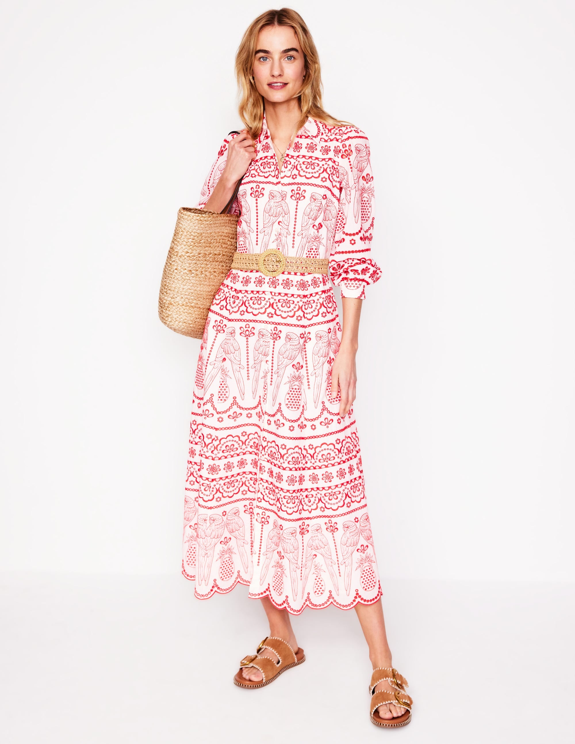 Clara Broderie Shirt Dress-Poppy Red, Parrot Broderie - Image 6