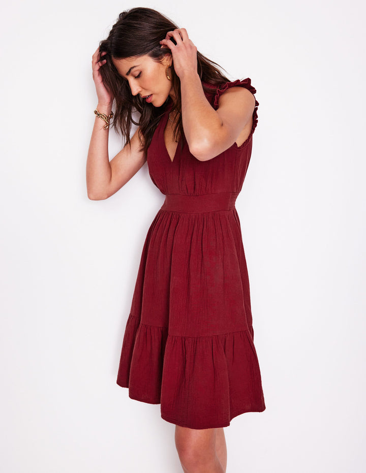 Wren Double Cloth Short Dress-Garnet Red