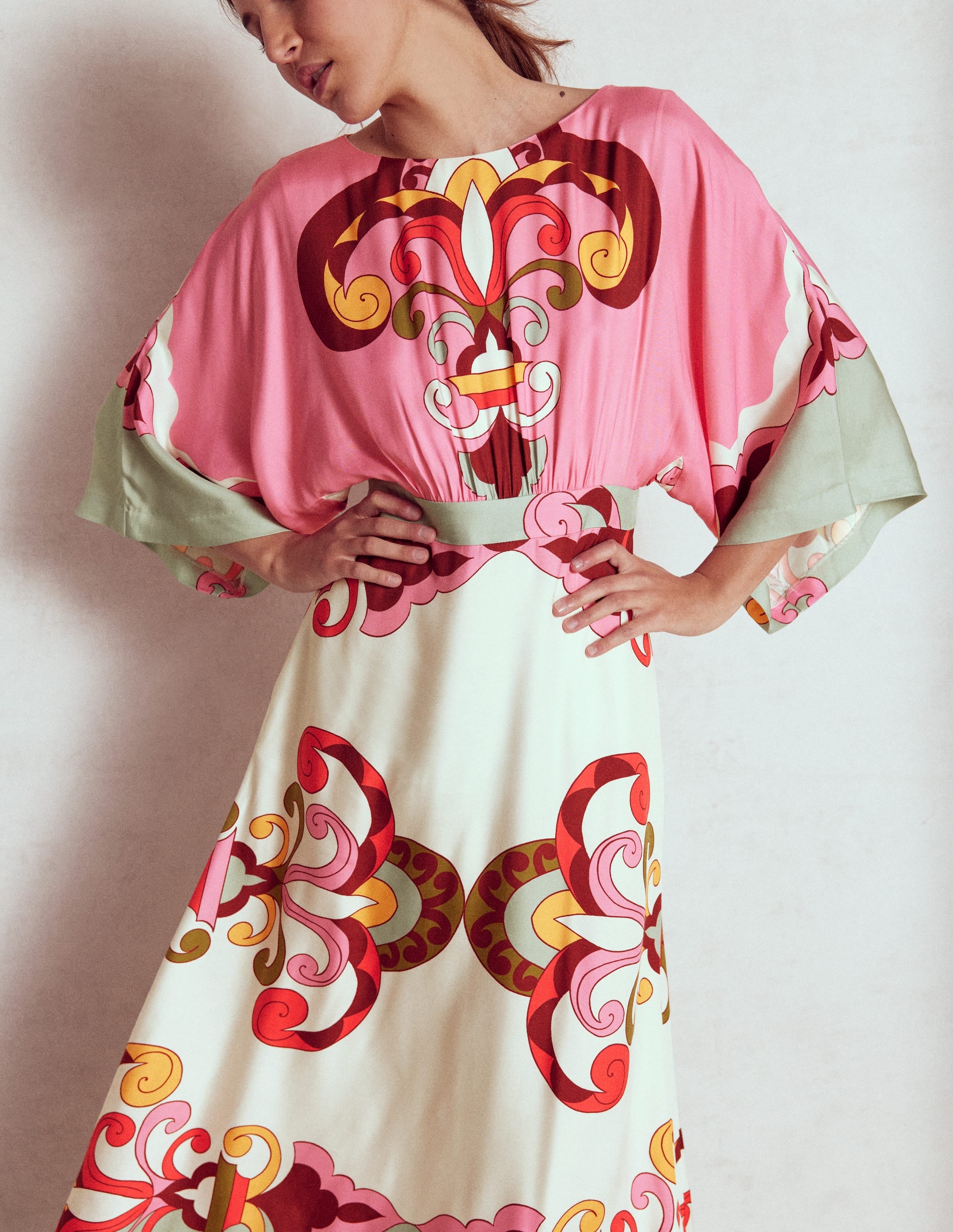 Flute Sleeve Midi Dress-Pink Rose, Ornate Reflection - Image 3