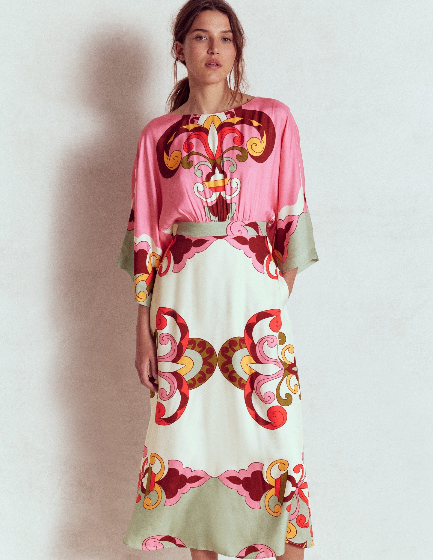 Flute Sleeve Midi Dress-Pink Rose, Ornate Reflection
