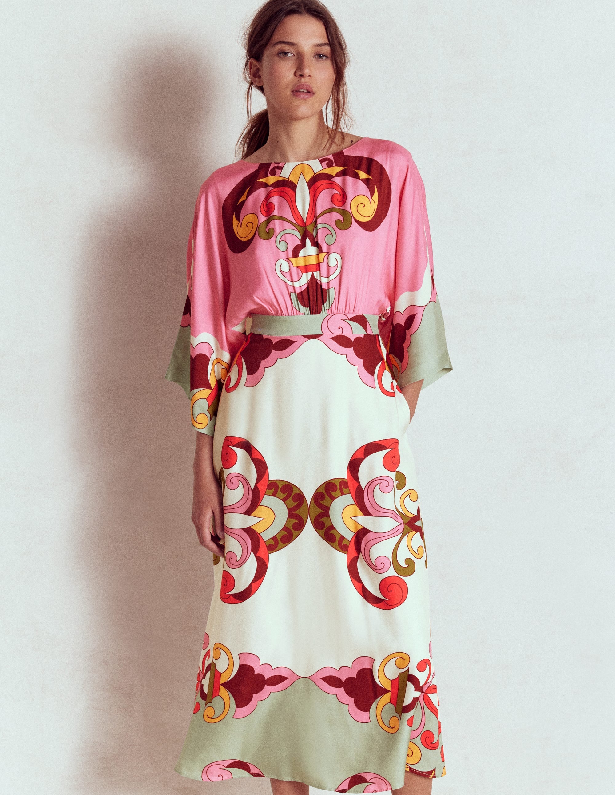 Flute Sleeve Midi Dress-Pink Rose, Ornate Reflection - Image 1