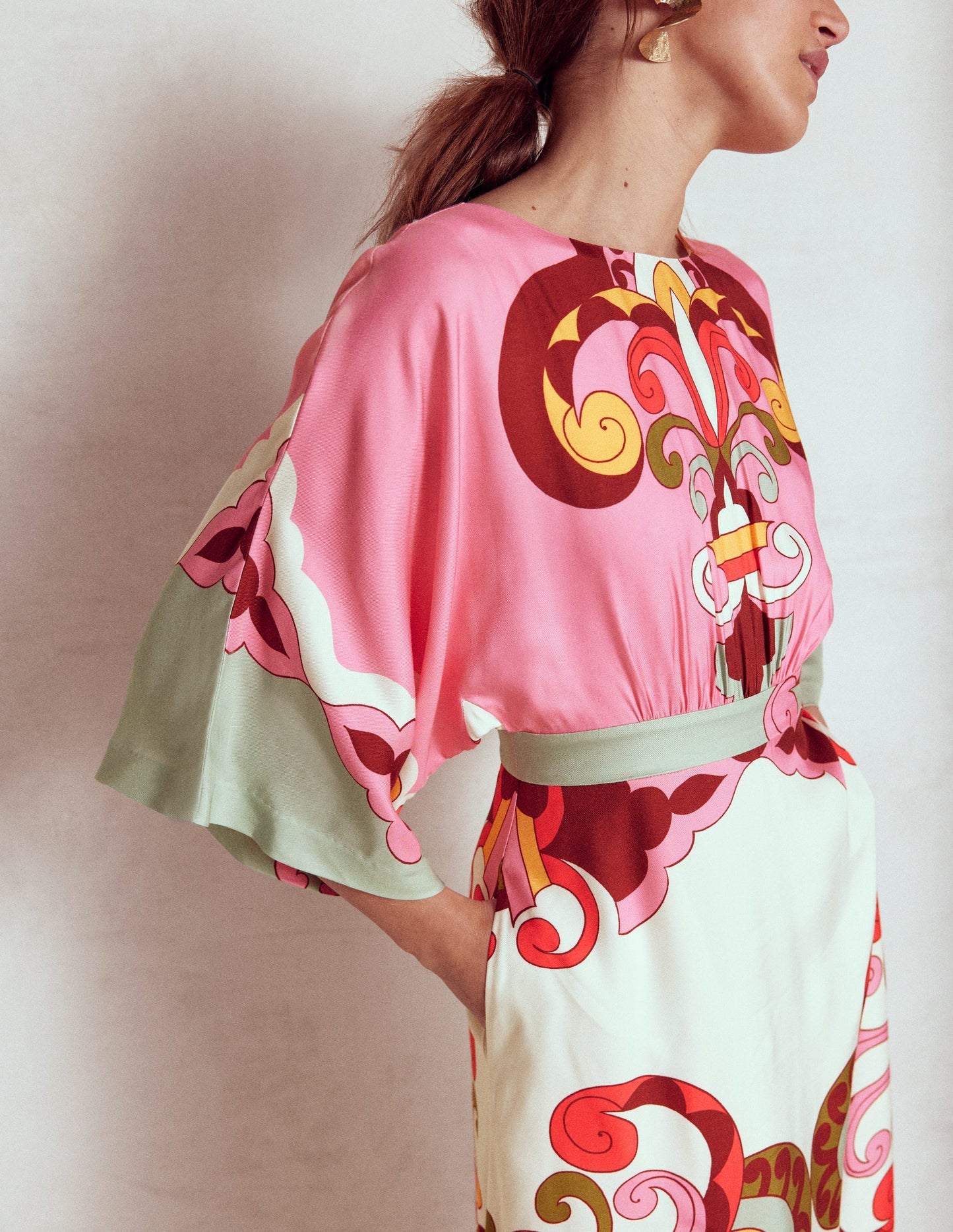 Flute Sleeve Midi Dress-Pink Rose, Ornate Reflection