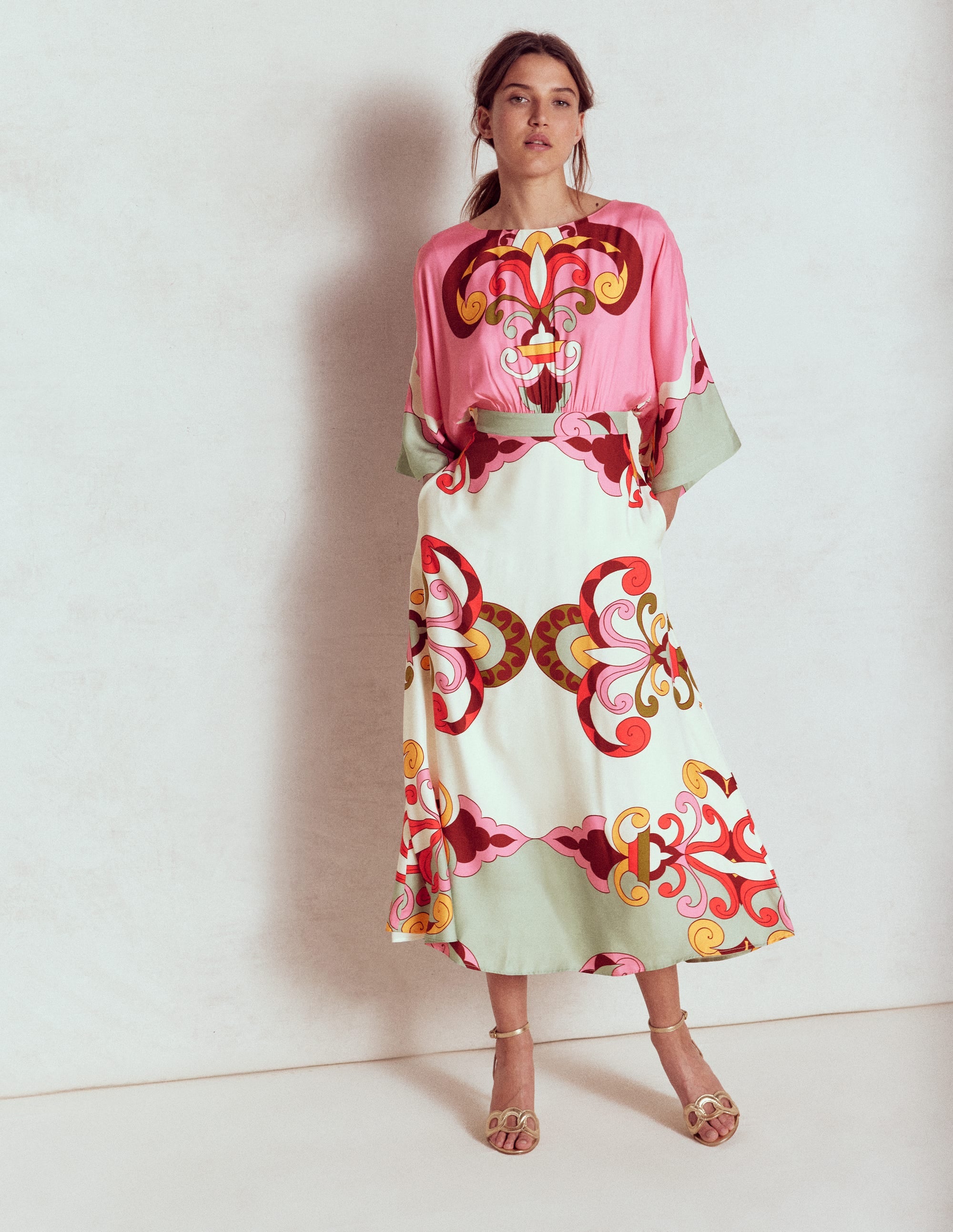 Flute Sleeve Midi Dress-Pink Rose, Ornate Reflection - Image 5