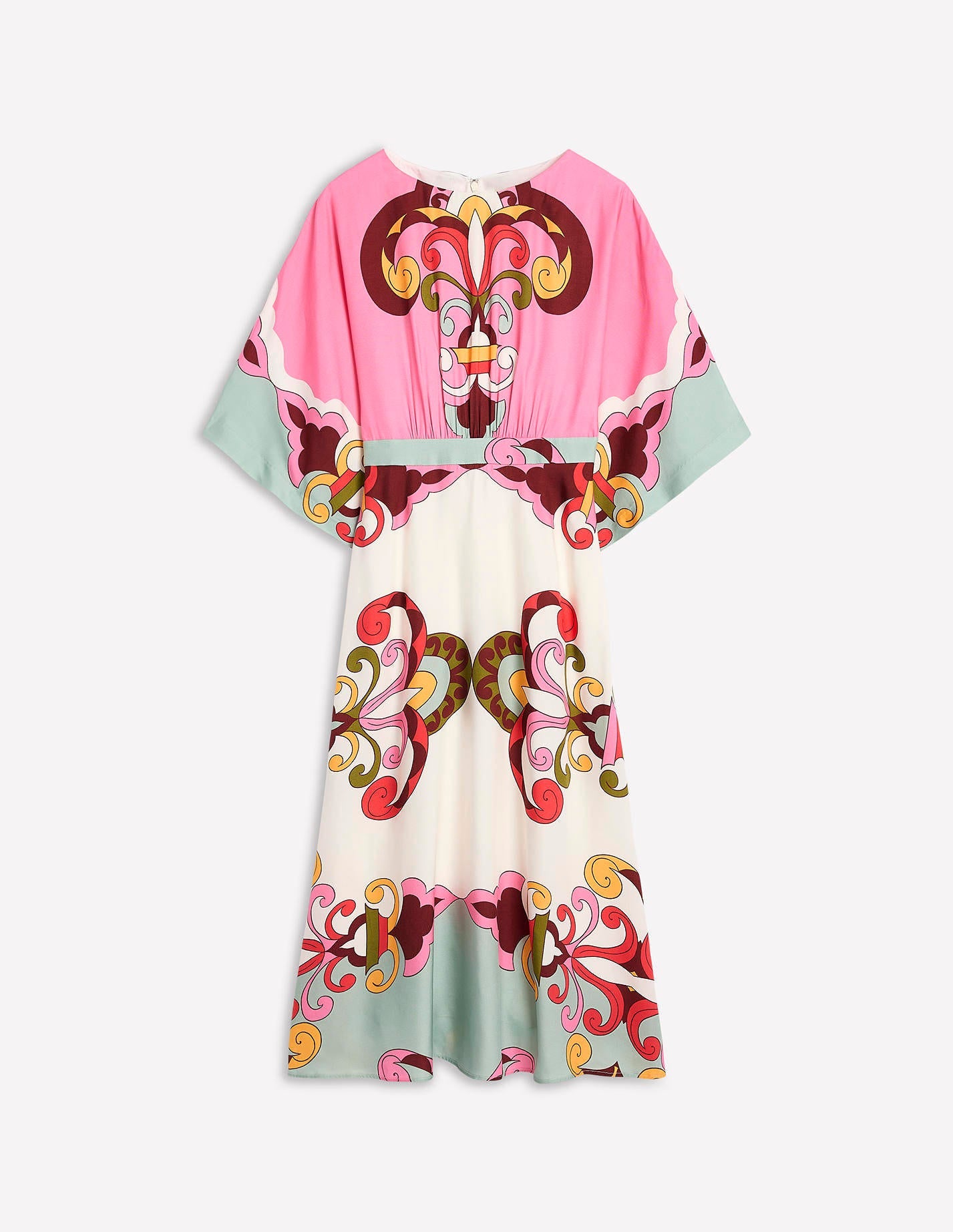 Flute Sleeve Midi Dress-Pink Rose, Ornate Reflection