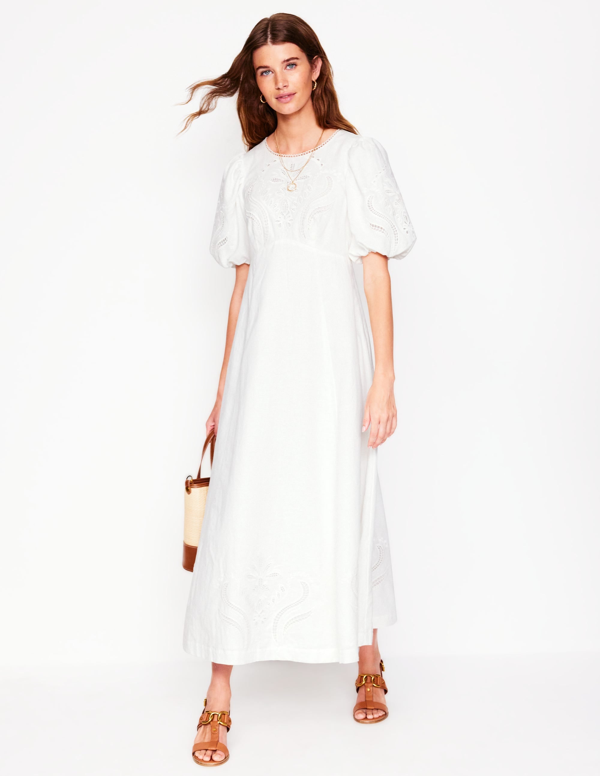Empire Broderie Tea Dress-White - Image 1