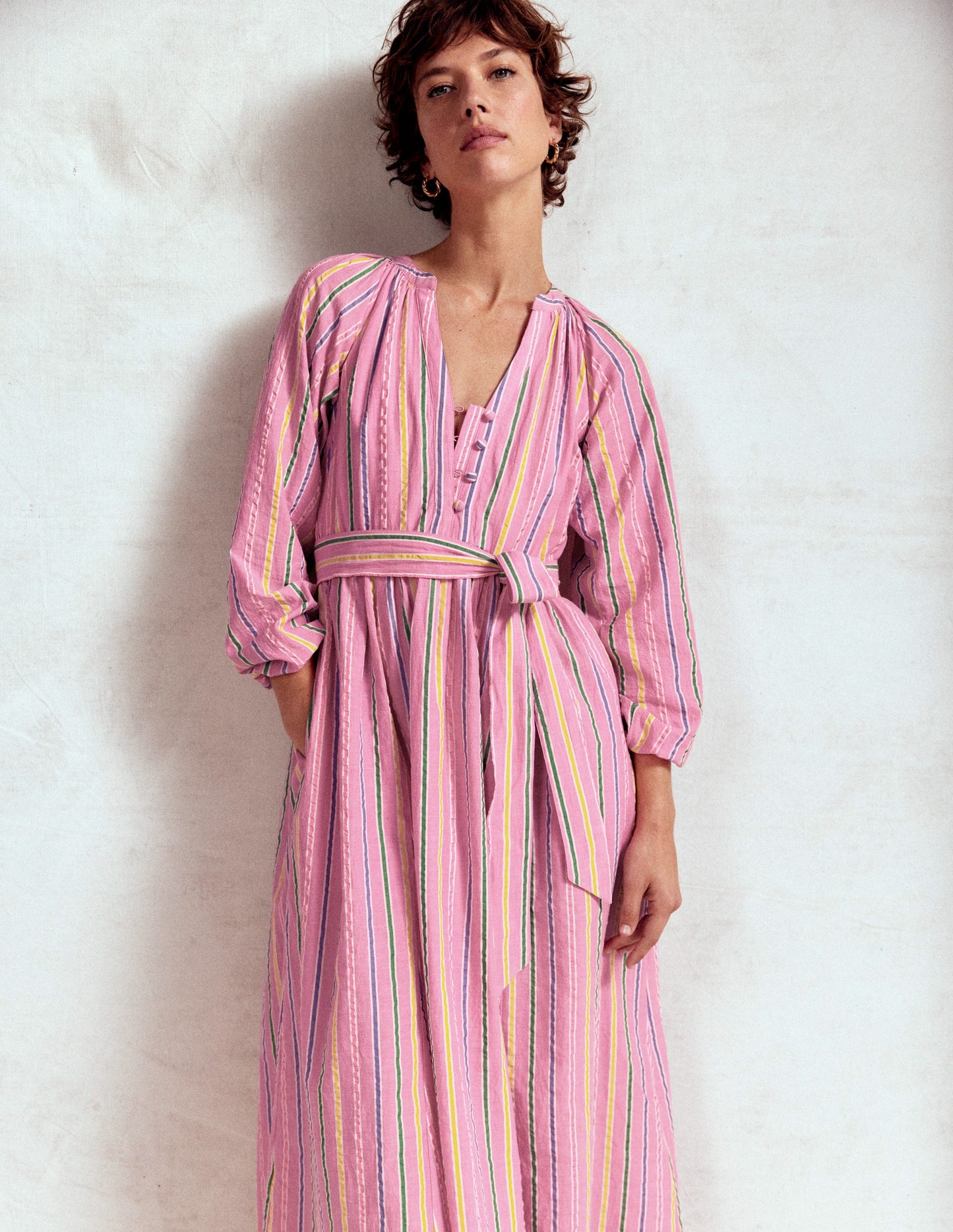 Faye Cotton Maxi Dress-Sorbet Pink, Seersucker Stripe