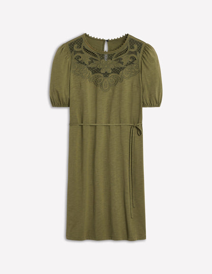 Cutwork Detail Short Dress-Woodland Green-7